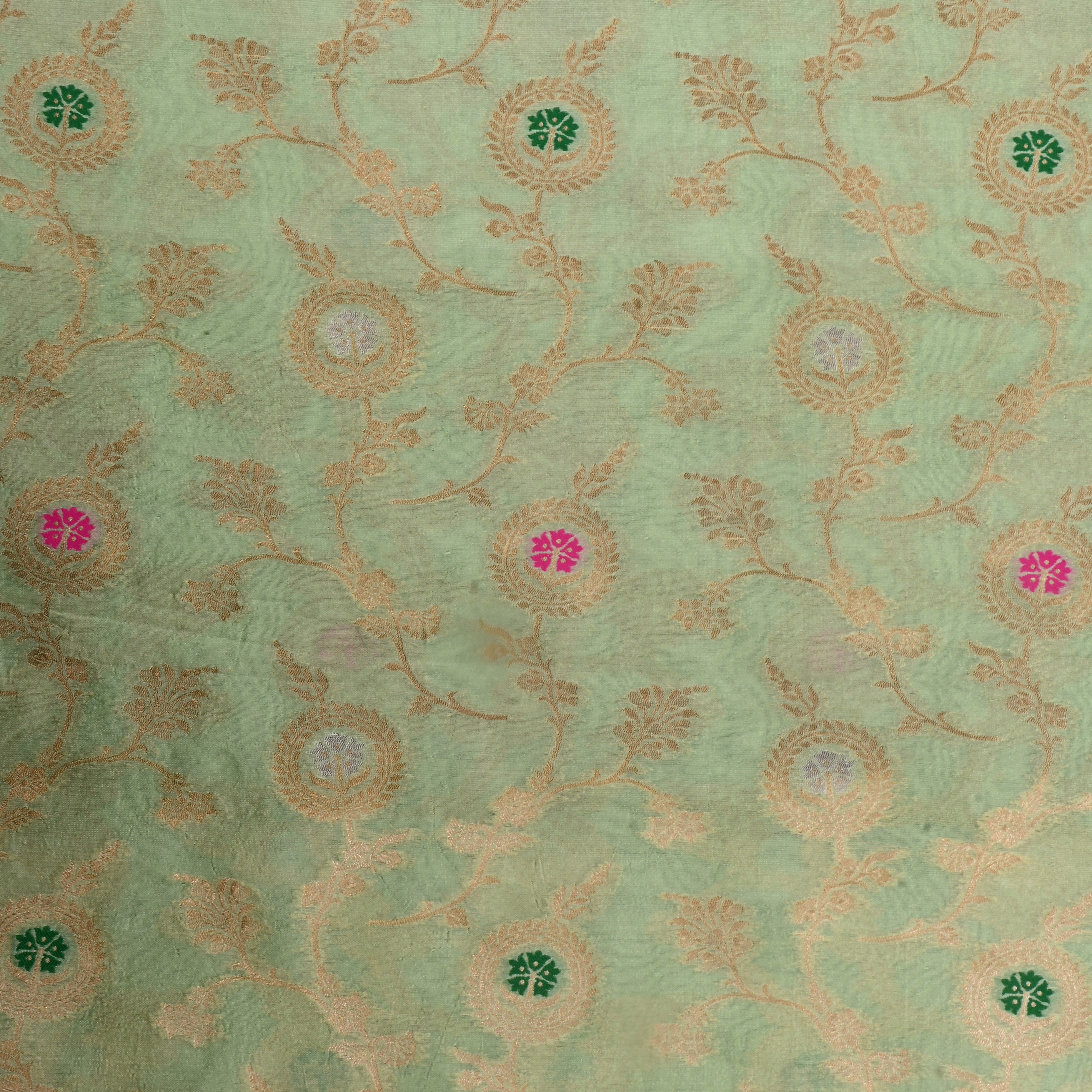 Gin Green Jamawar Silk Fabric With Meenakari Design