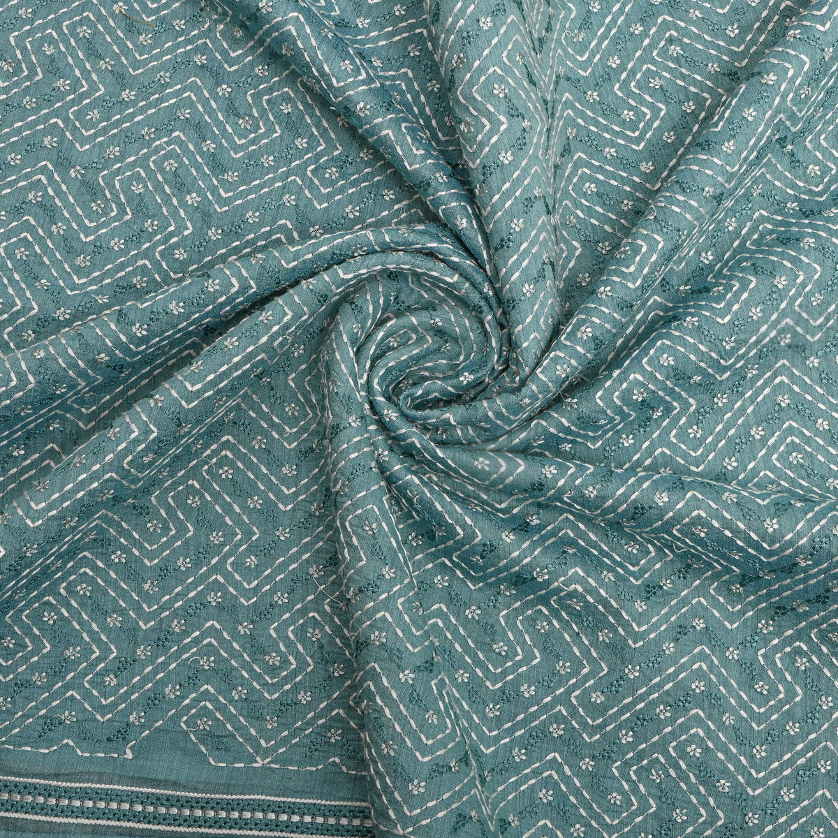 Denim Light Blue Geometric Thread Work Munga Tussar Fabric