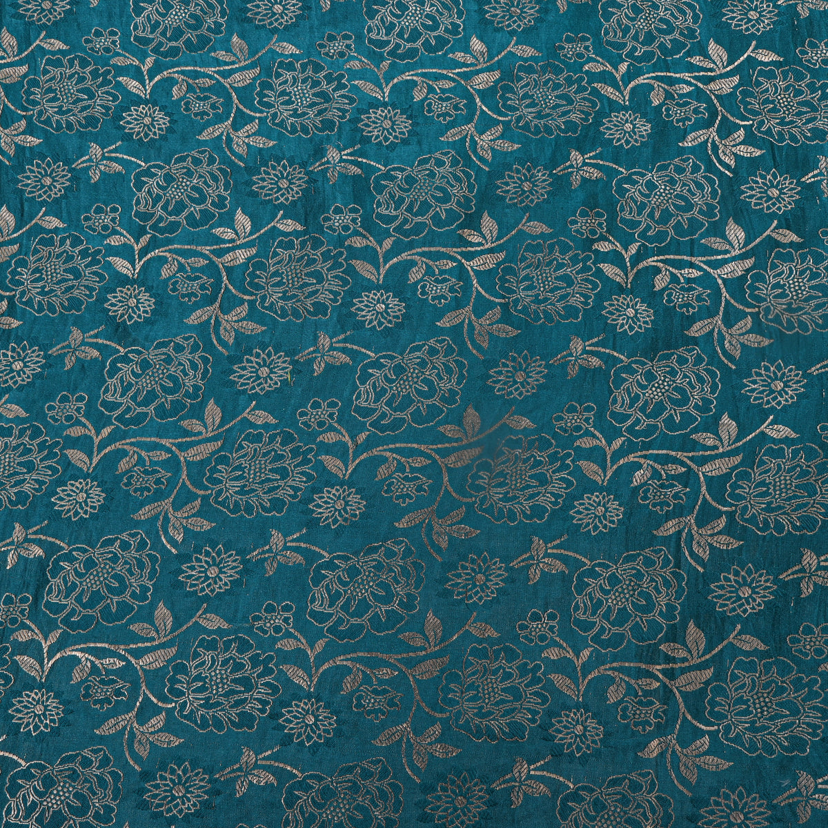 Teal Blue Gold Zari Floral Jaal Jamawar Silk Fabric