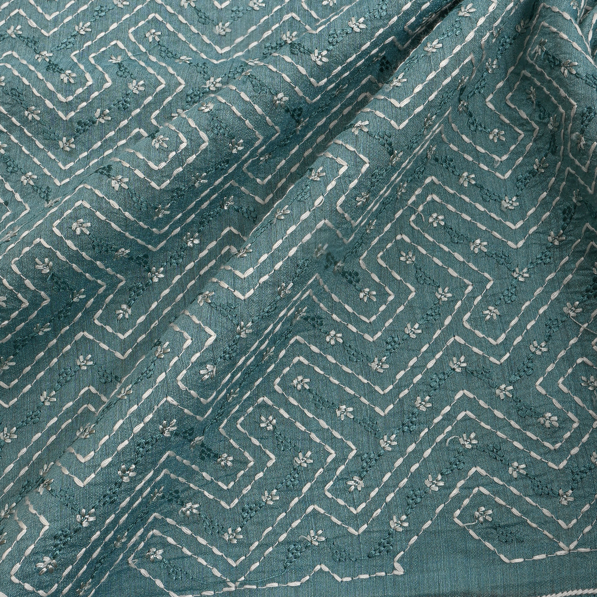 Denim Light Blue Geometric Thread Work Munga Tussar Fabric