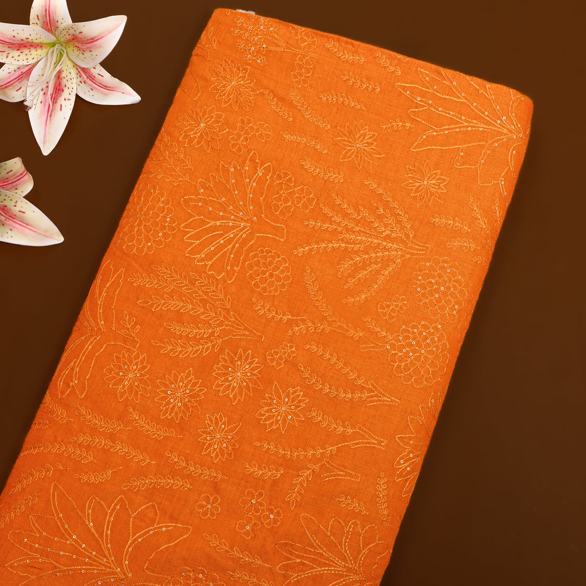 Orange Sequin Floral Thread Work Munga Tussar Fabric