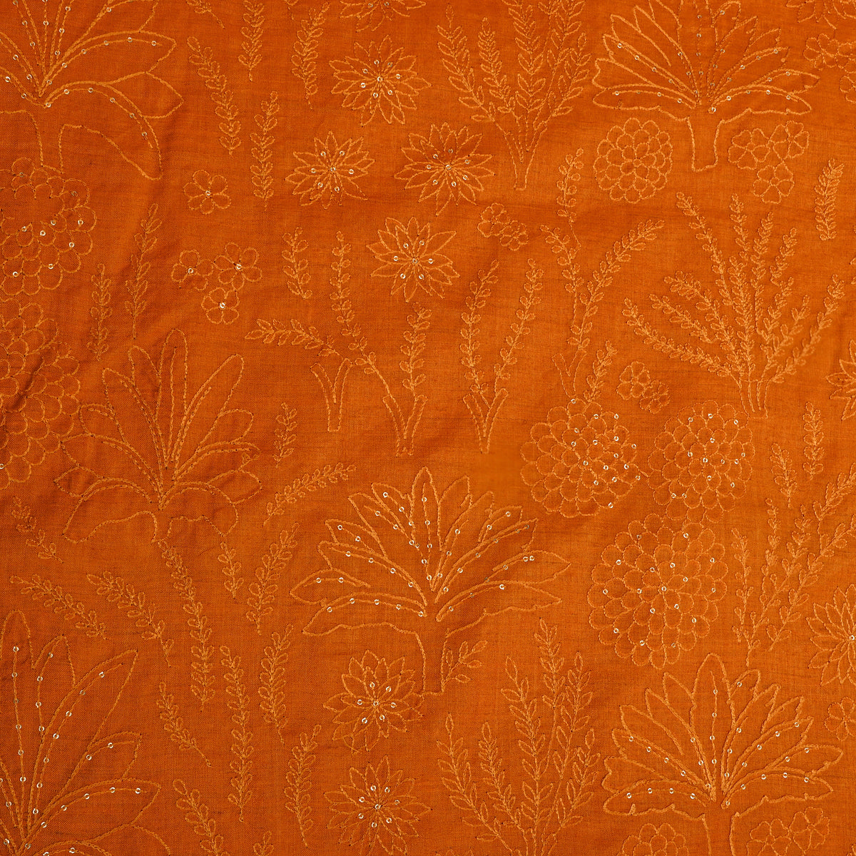 Orange Sequin Floral Thread Work Munga Tussar Fabric