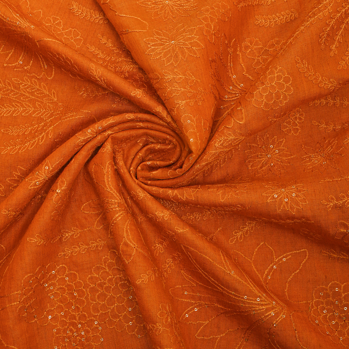 Orange Sequin Floral Thread Work Munga Tussar Fabric