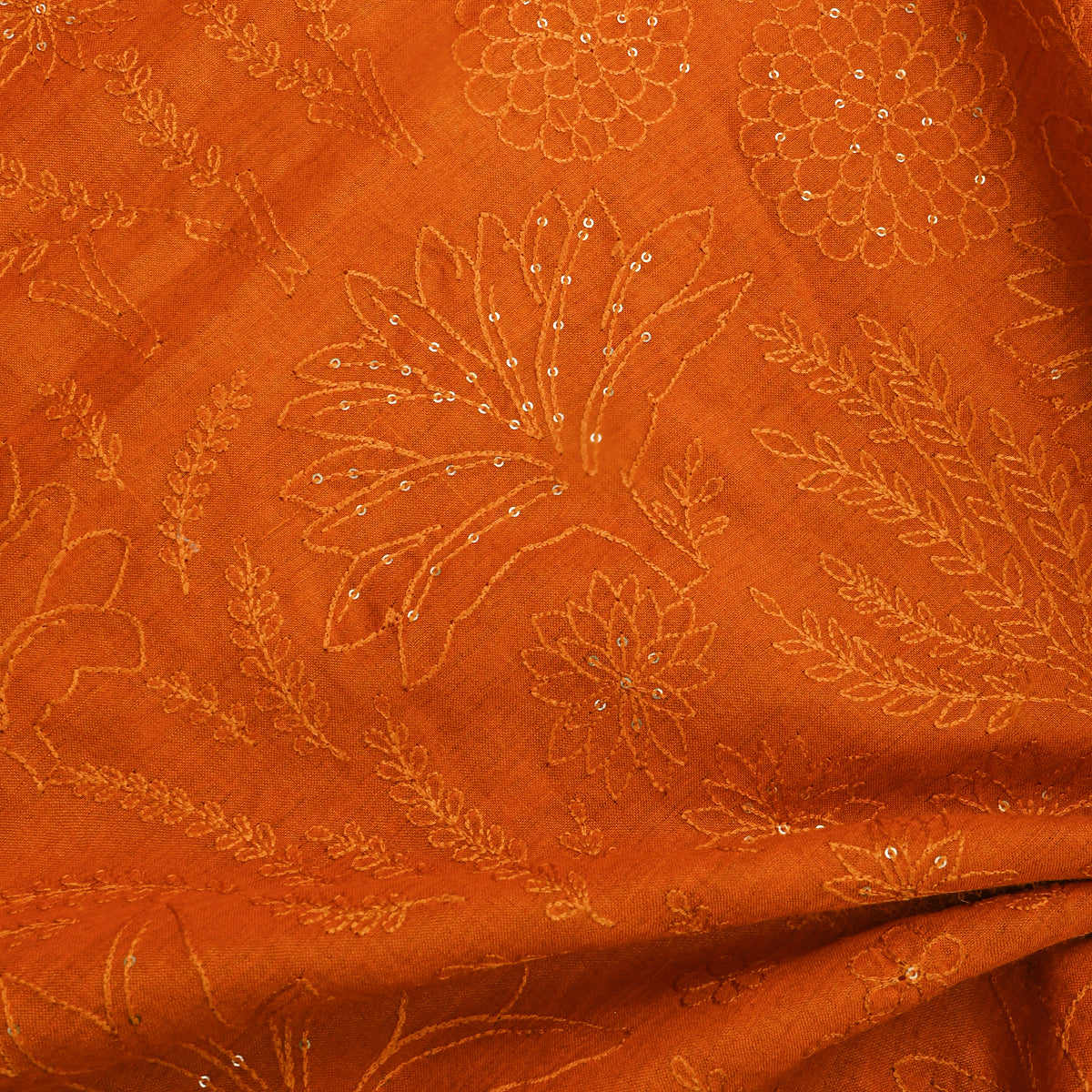Orange Sequin Floral Thread Work Munga Tussar Fabric