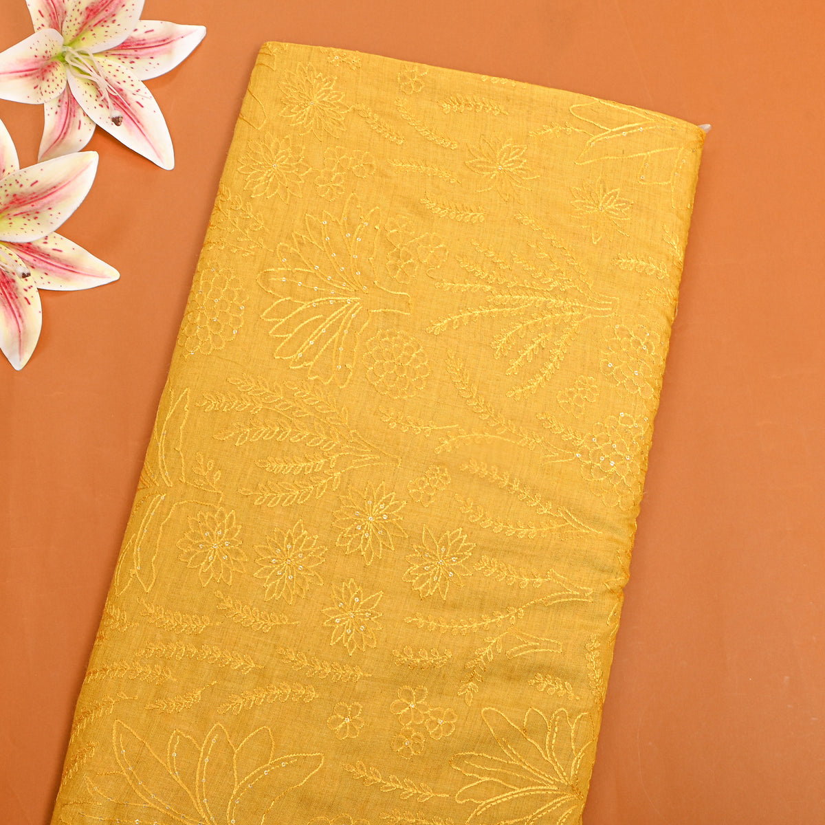 Yellow Sequin Floral Thread Work Munga Tussar Fabric