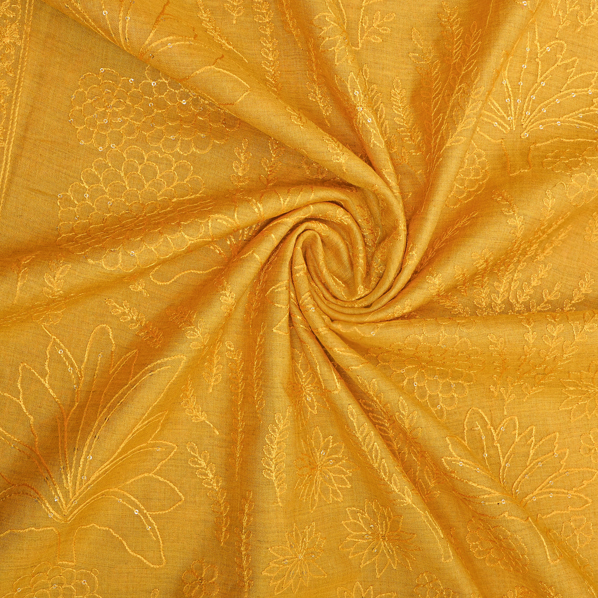Yellow Sequin Floral Thread Work Munga Tussar Fabric