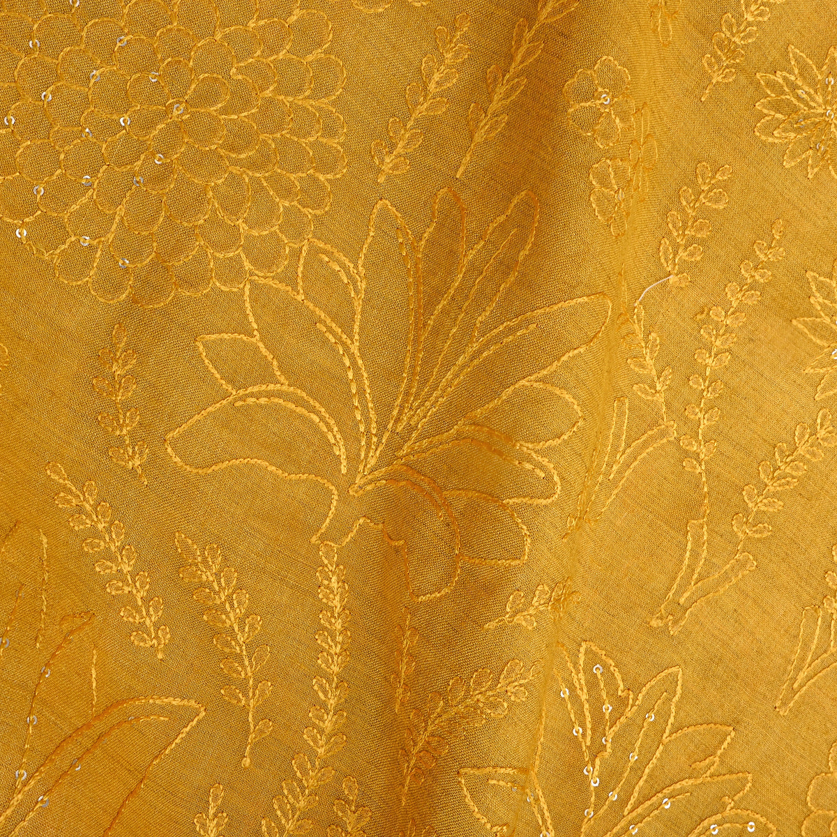 Yellow Sequin Floral Thread Work Munga Tussar Fabric