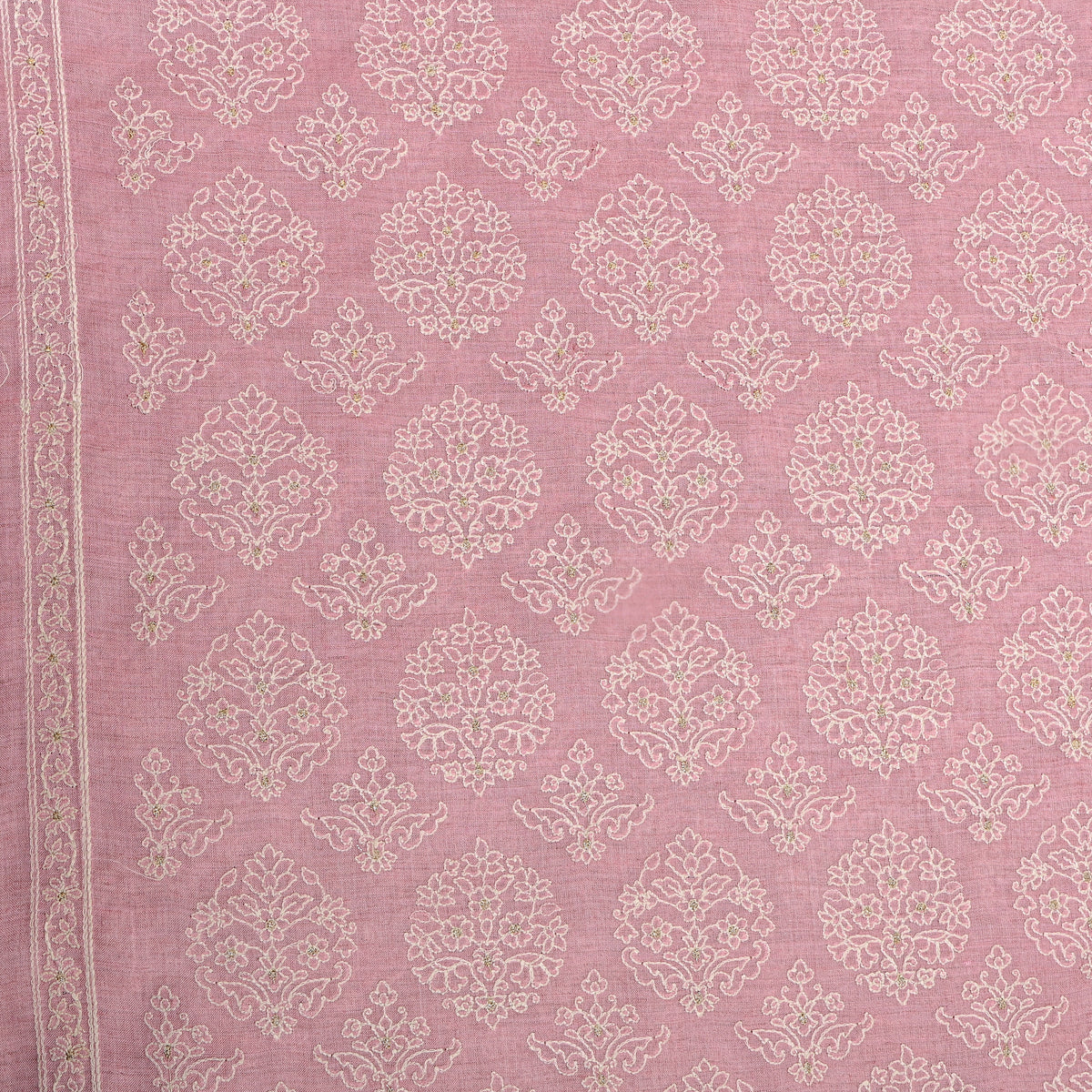 Pink Floral Damask Thread Work Munga Tussa Fabric