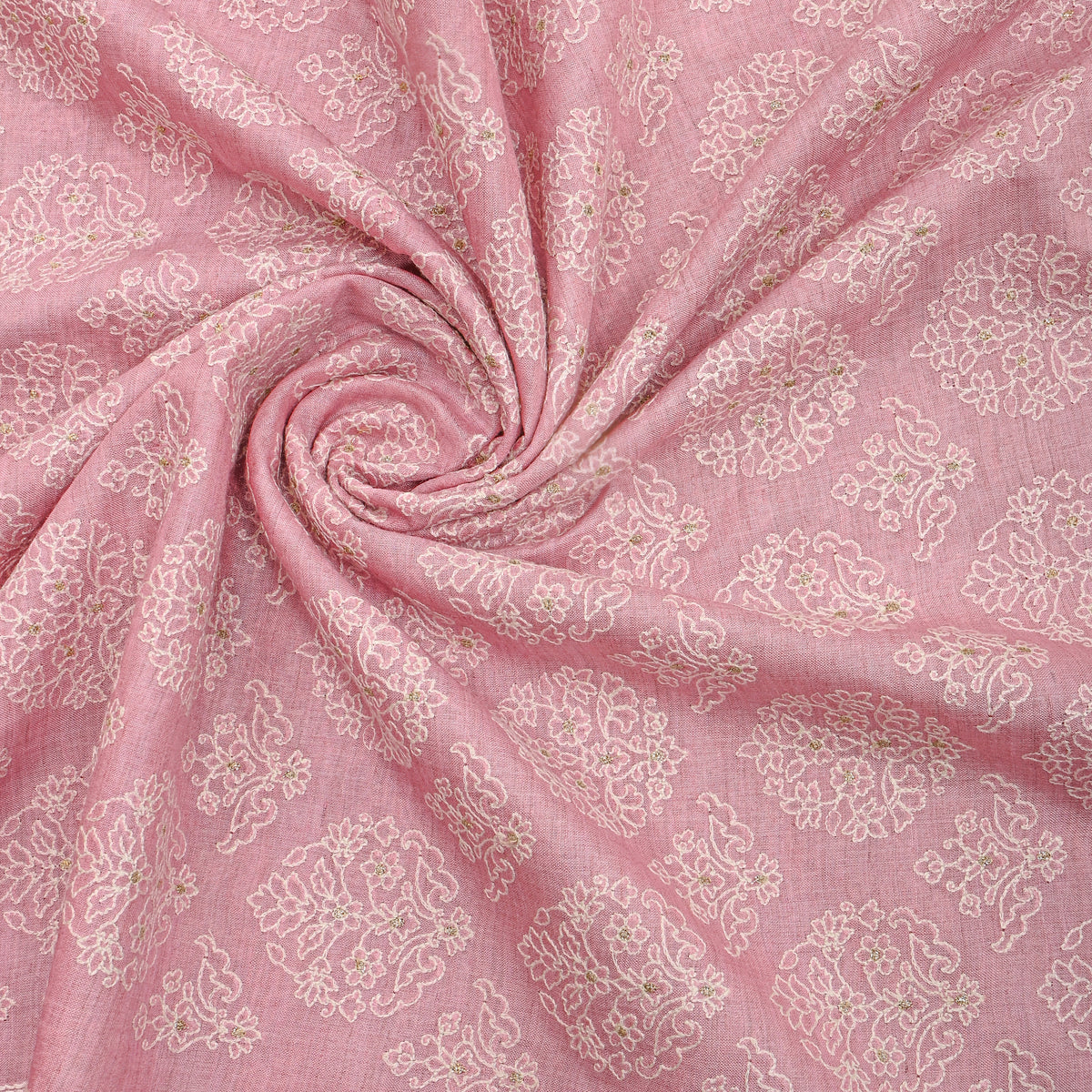 Pink Floral Damask Thread Work Munga Tussa Fabric