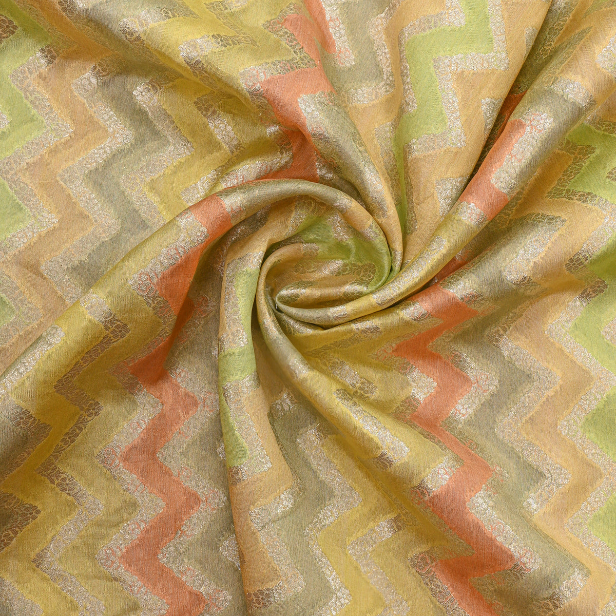 Soft Multicolour Gold Zari Zigzag Rangkat Banarasi Silk Fabric