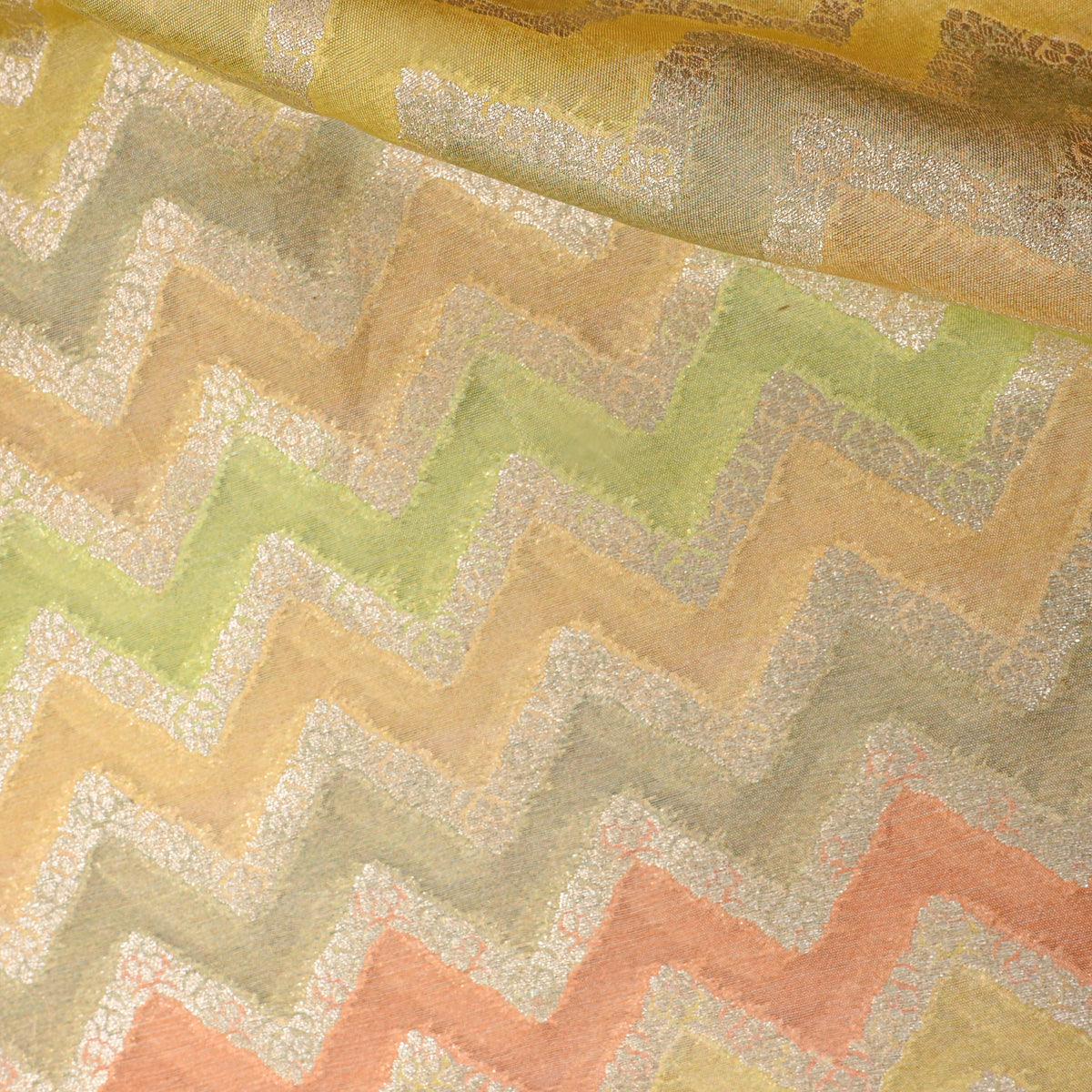 Soft Multicolour Gold Zari Zigzag Rangkat Banarasi Silk Fabric