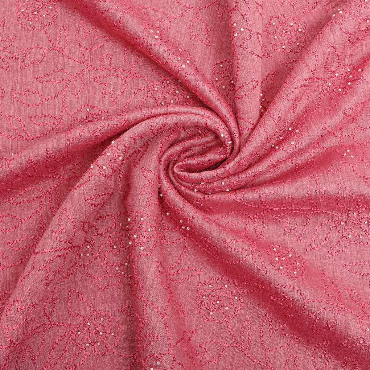 Blush Pink Floral Thread Work Munga Tussar Fabric