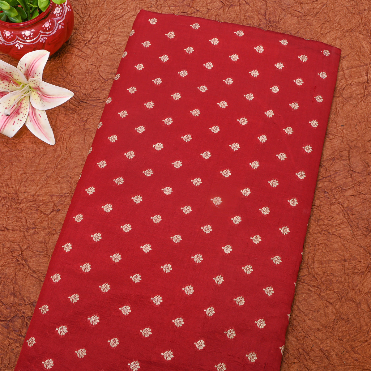 Brick Red Gold Zari Floral Butti Banarasi Silk Fabric