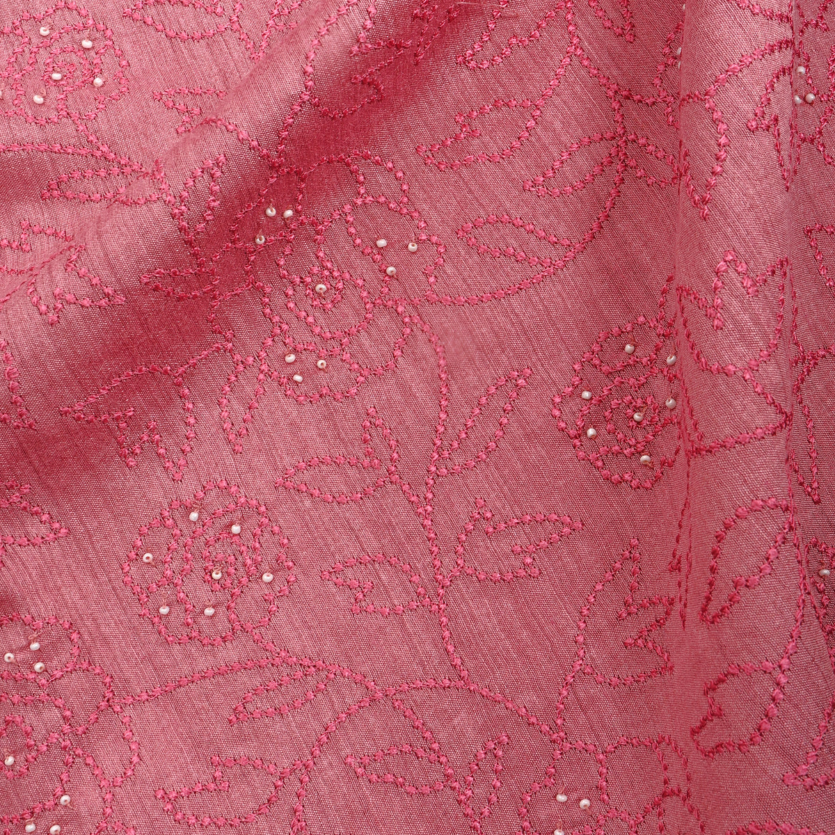 Blush Pink Floral Thread Work Munga Tussar Fabric