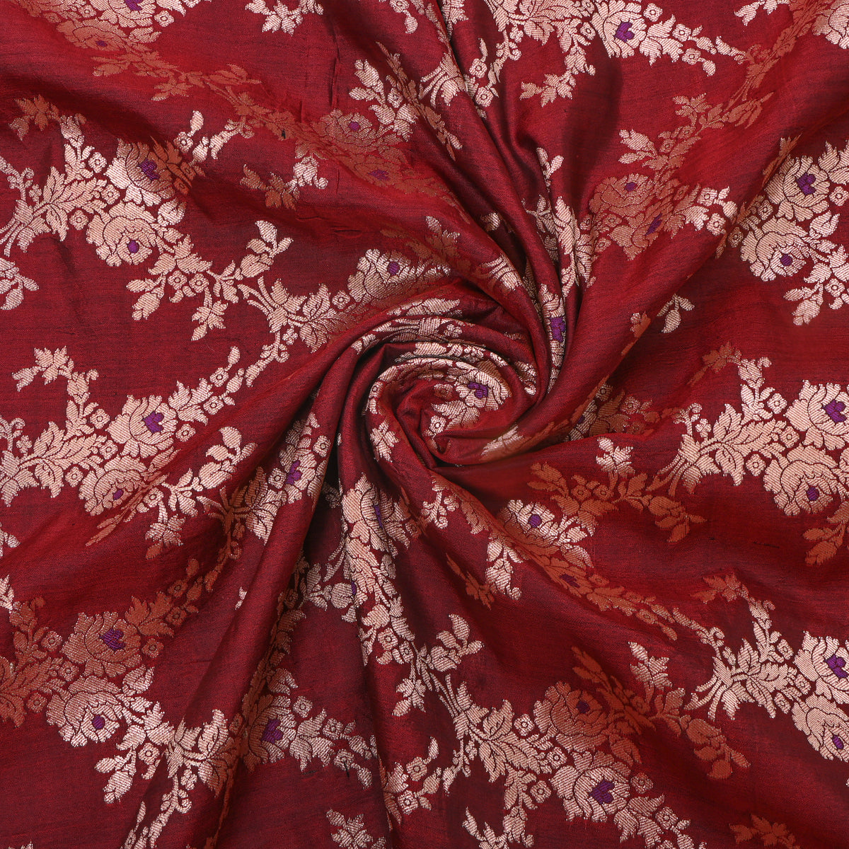 Deep Maroon Jamawar Silk With Gold Floral Trellis