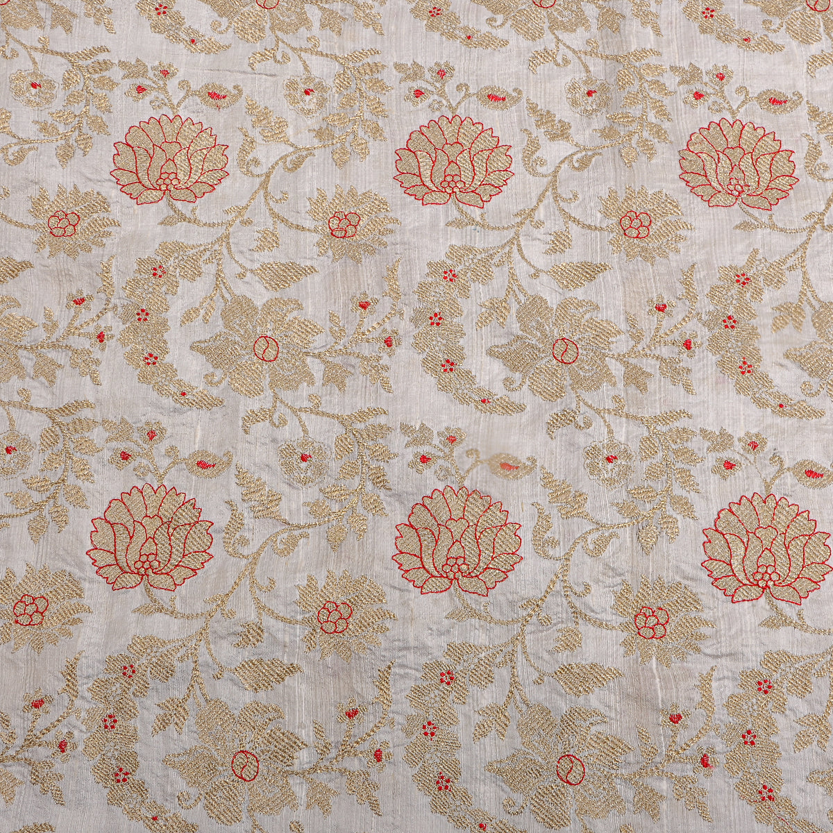 White Gold Zari Jaal Raw Silk Fabric
