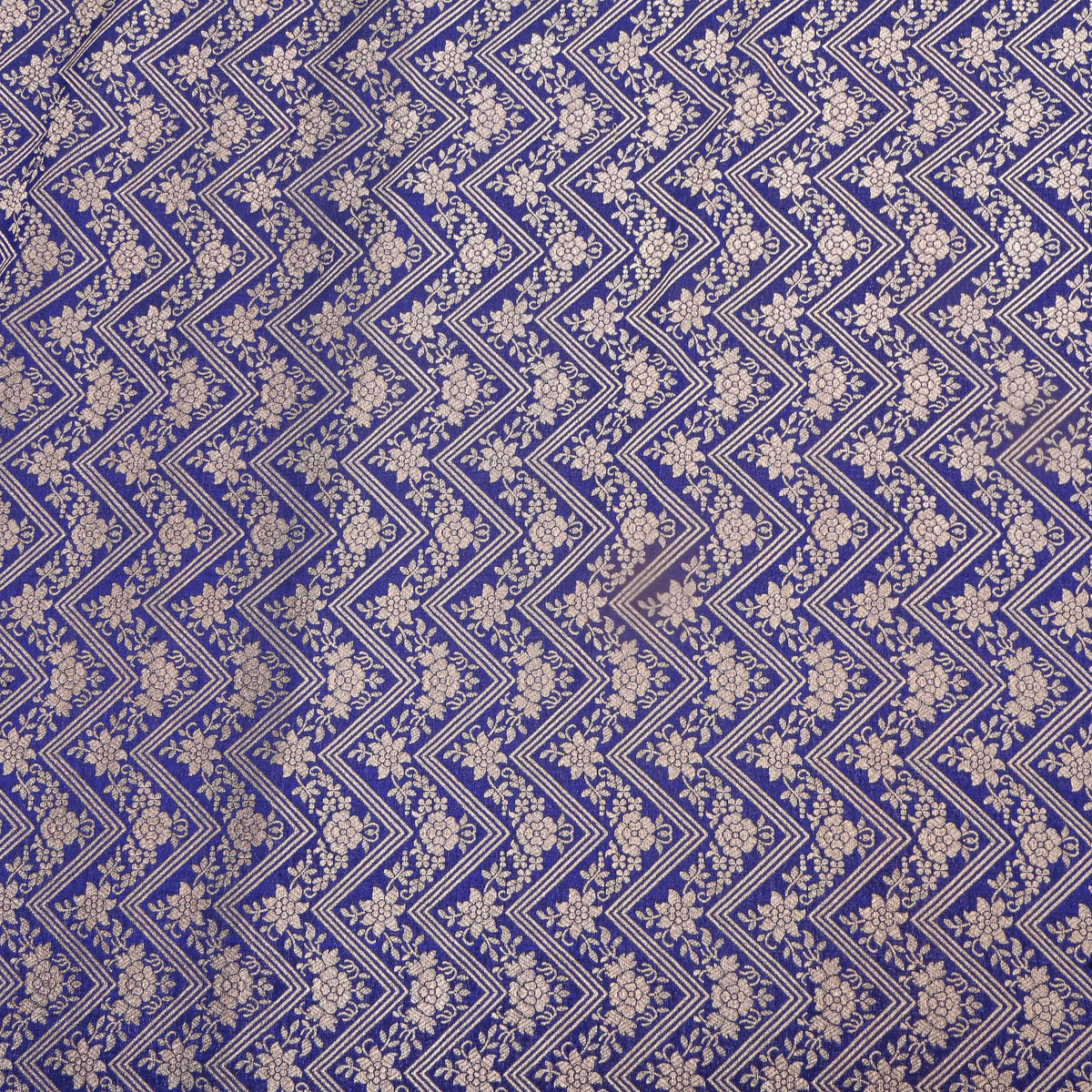 Blue Gold Zig Zag Zari Weave Jamawar Silk Fabric