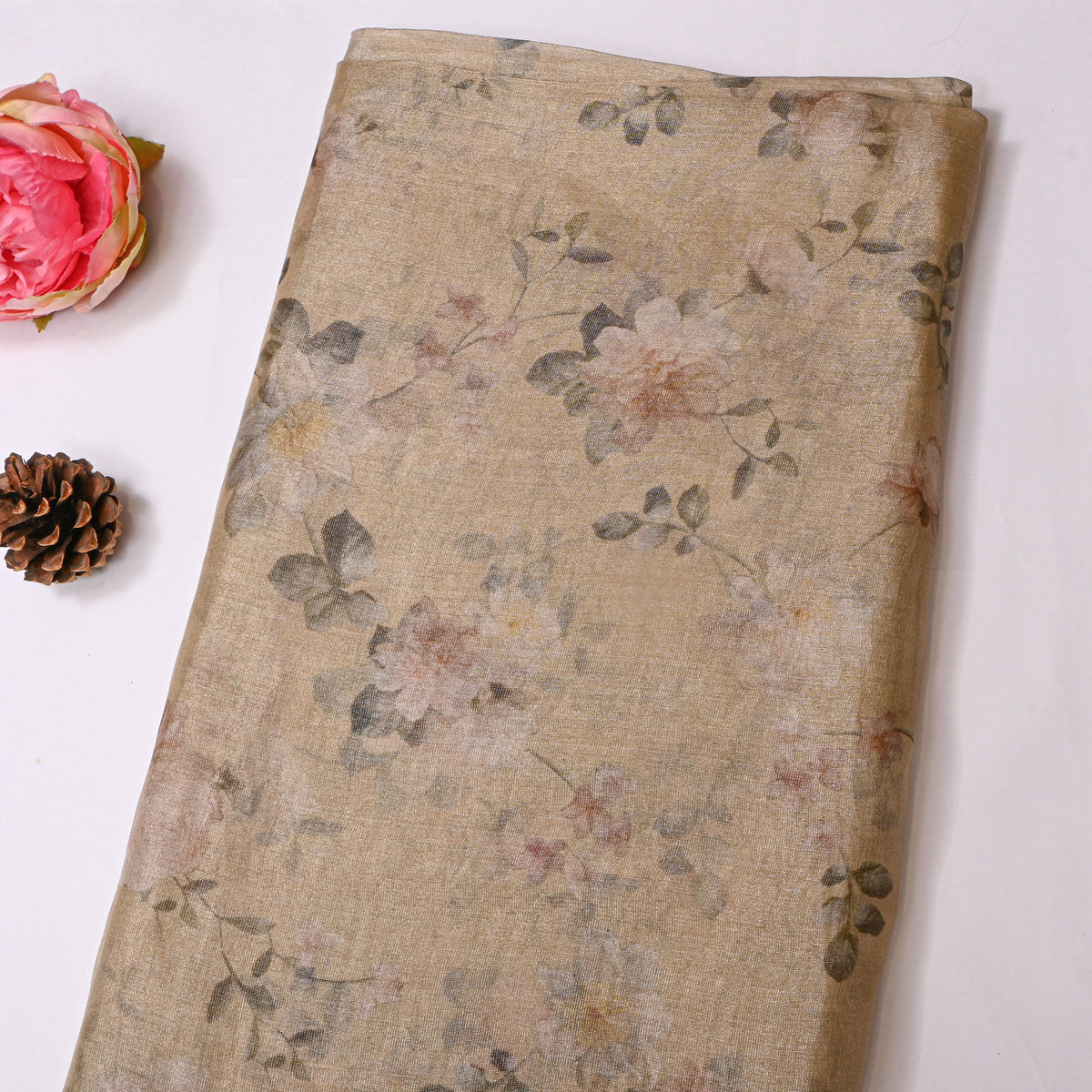 Latte Beige Soft Rose Floral Print Tissue Fabric