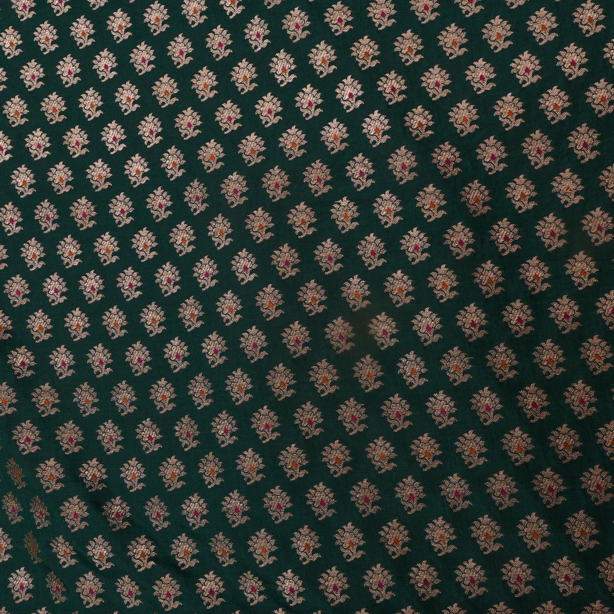 Pine Green Gold Zari Floral Butti Jamawar Silk Fabric