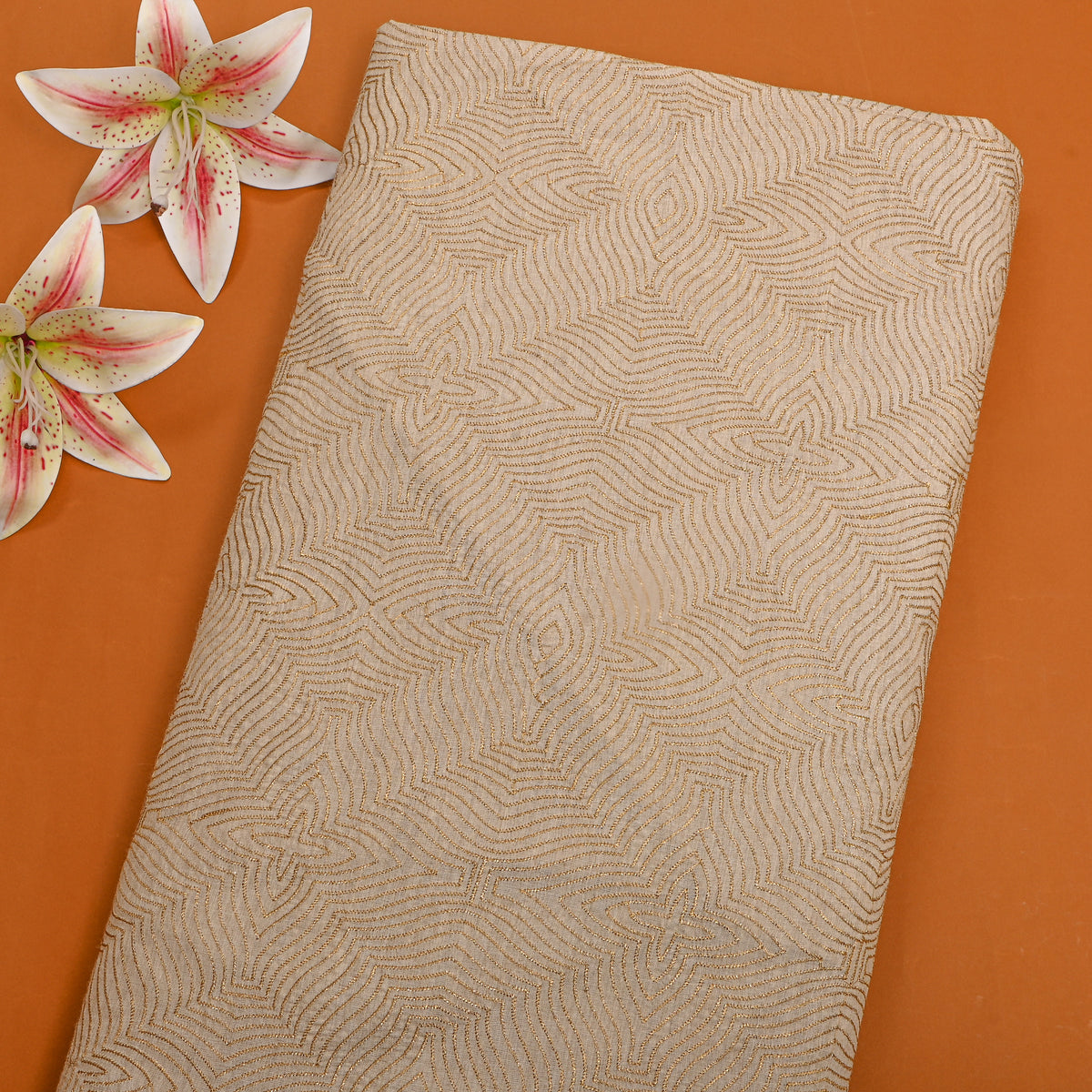 Champagne Gold Zari Geometric Embroidery Tussar Silk Fabric