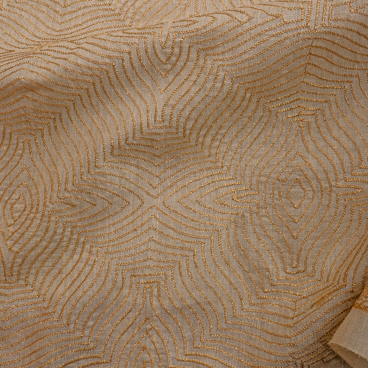 Champagne Gold Zari Geometric Embroidery Tussar Silk Fabric