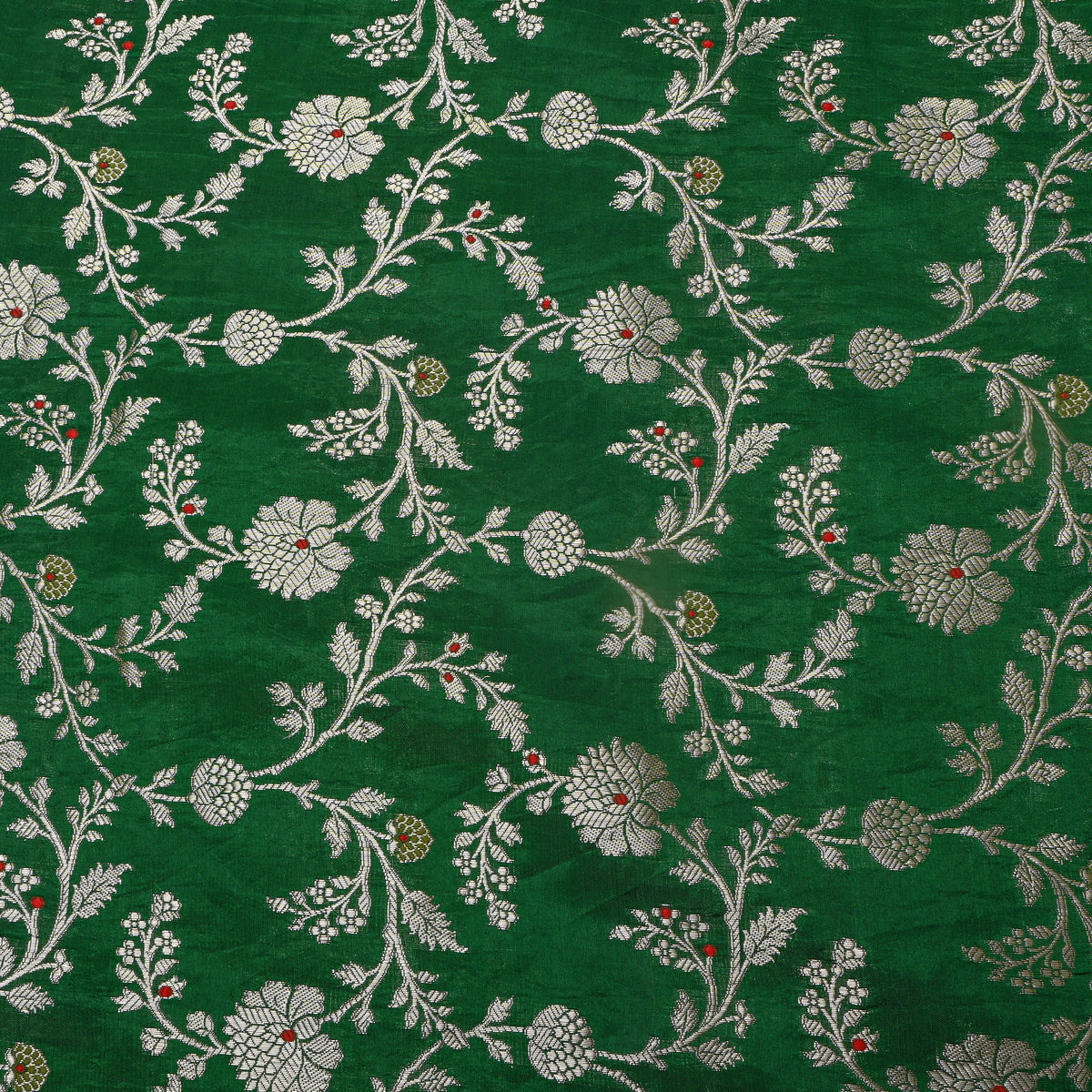 Bottle Green Self Weave Floral Jall Banarasi Silk Fabric