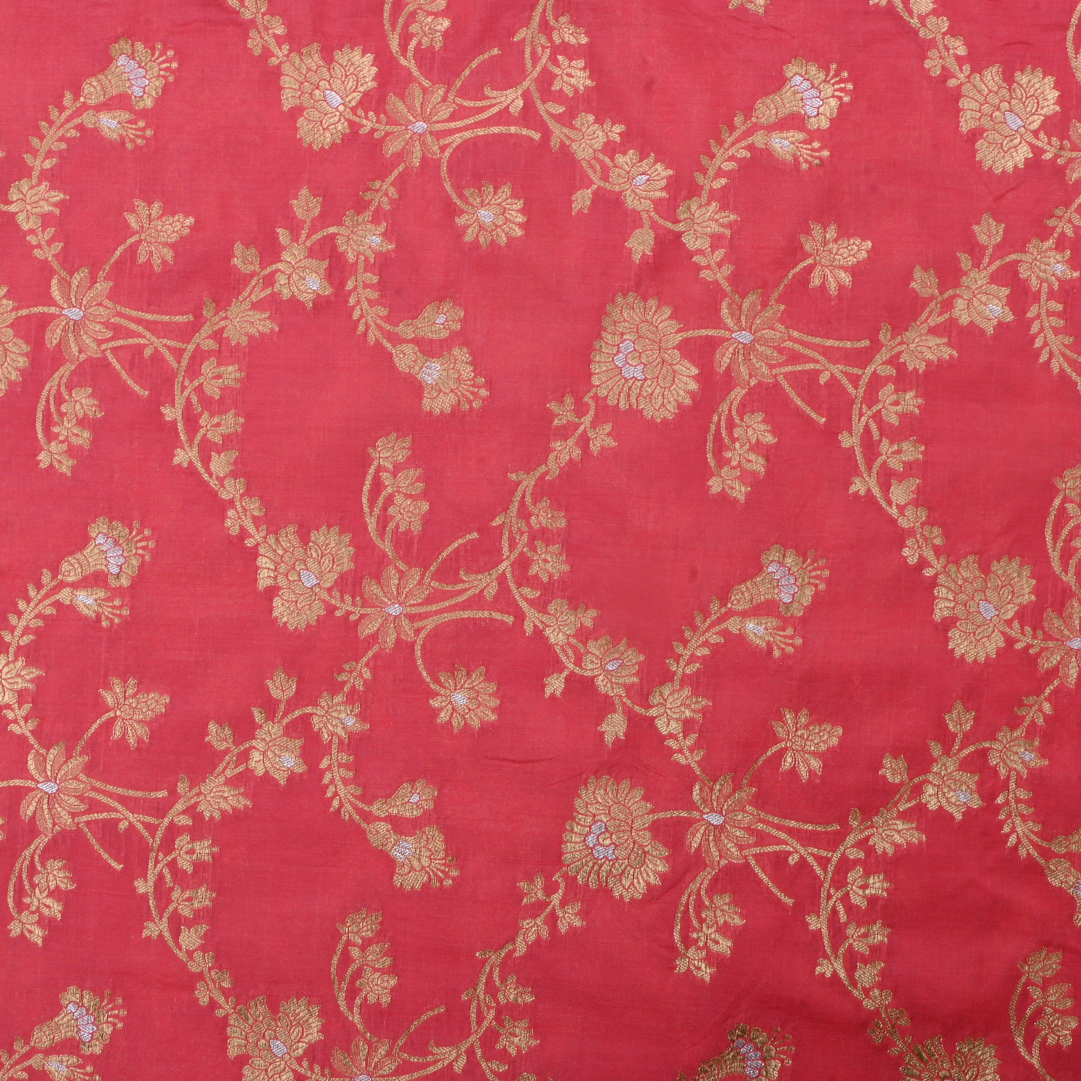 Faded Red Jamawar Silk Fabric With Floral Jaal
