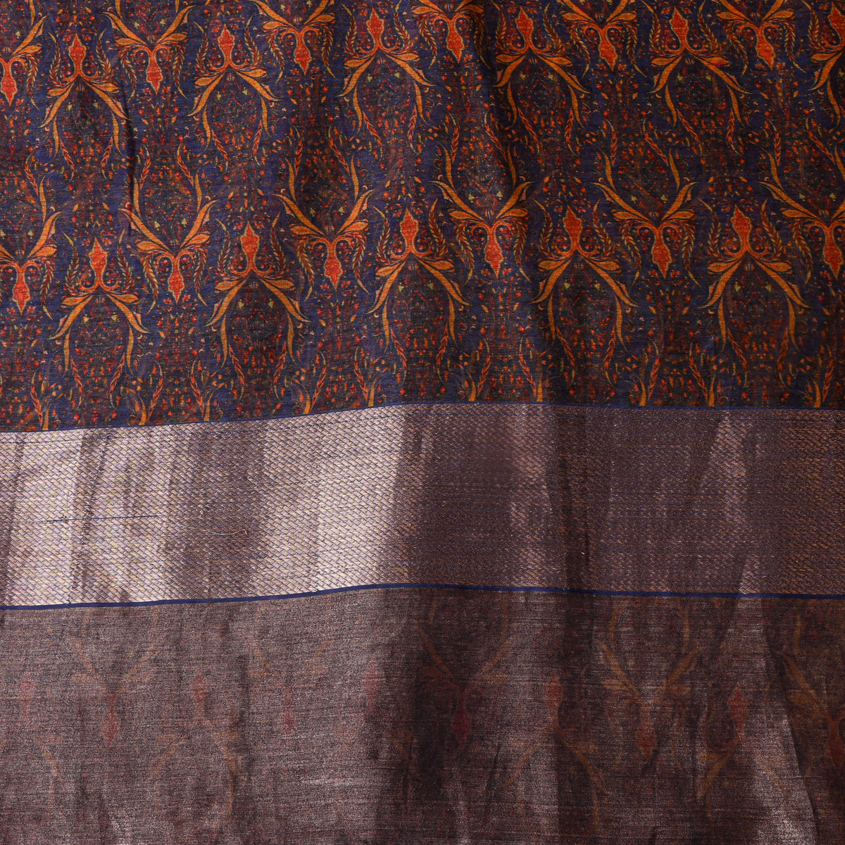 Onyx Black Geometric Print Silk Fabric With Broad Silver Border