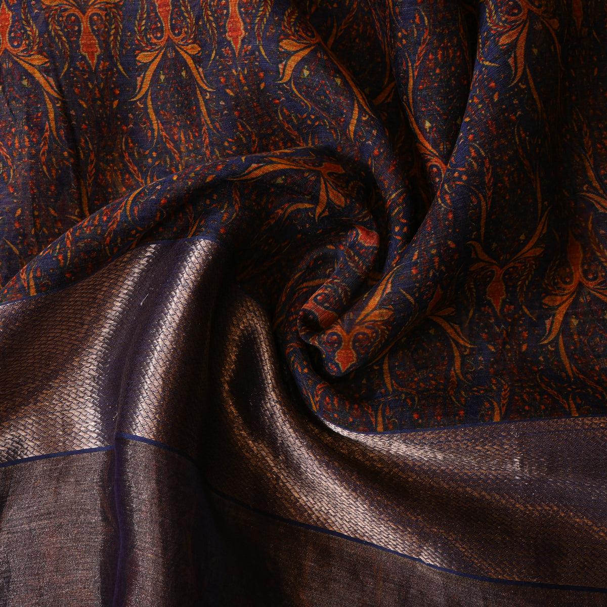 Onyx Black Geometric Print Silk Fabric With Broad Silver Border