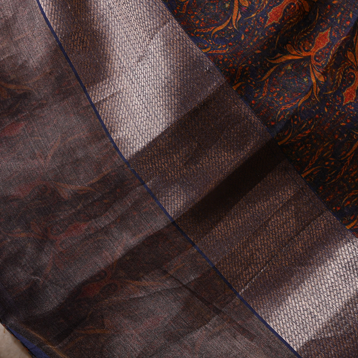 Onyx Black Geometric Print Silk Fabric With Broad Silver Border