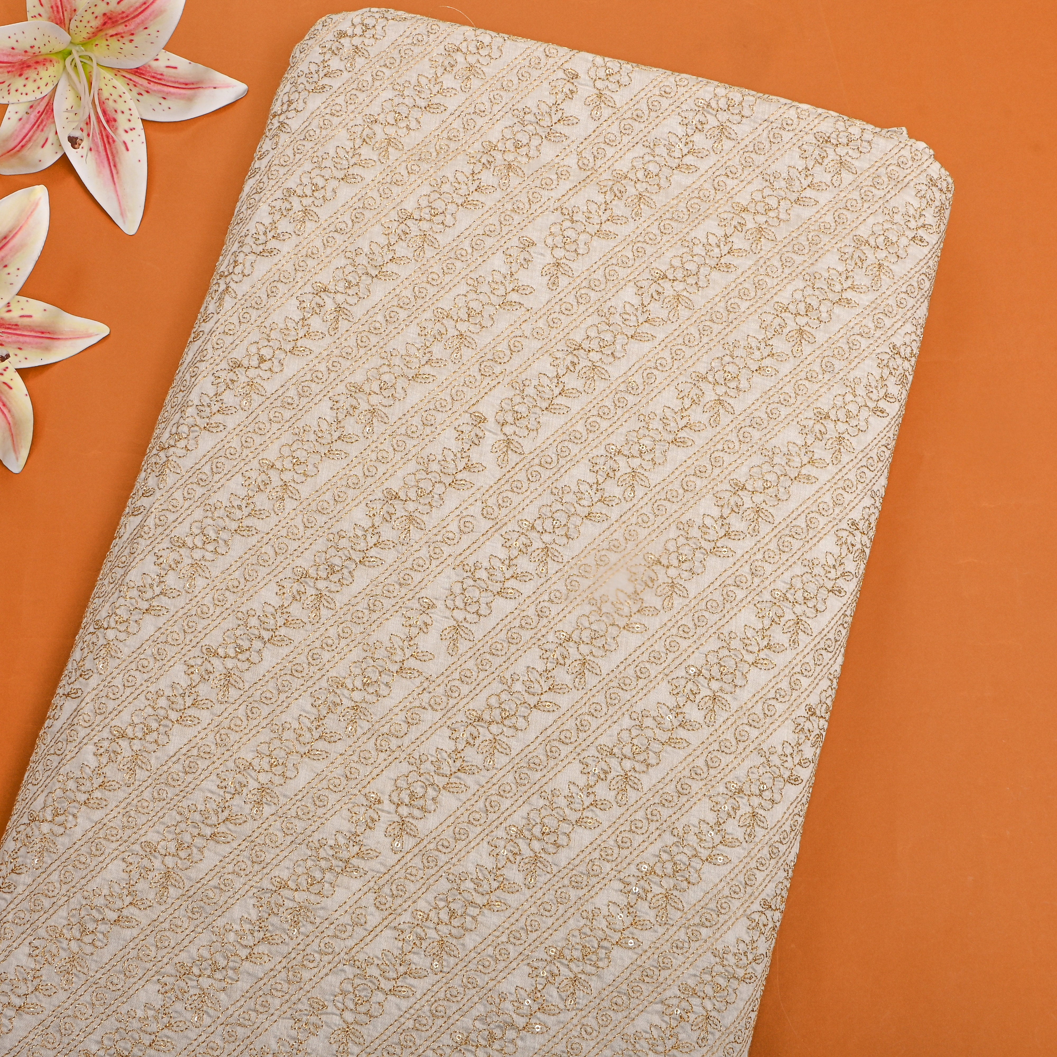 Cream Zari Striped Embroidered Chanderi