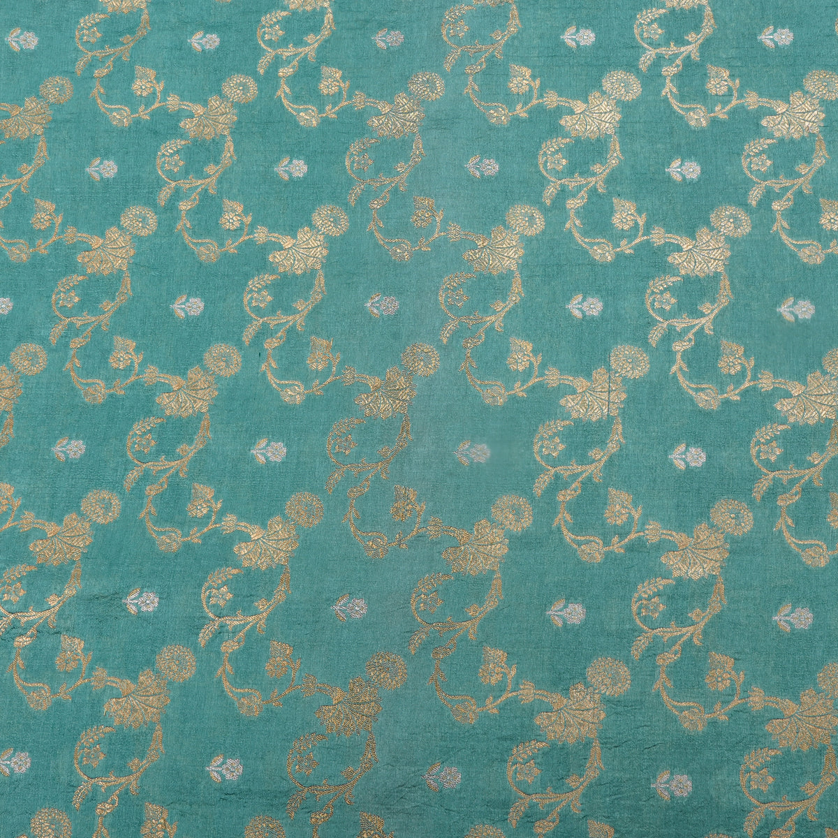 Teal Dual Tone Floral Vine Self Weave Jamawar Silk Fabric