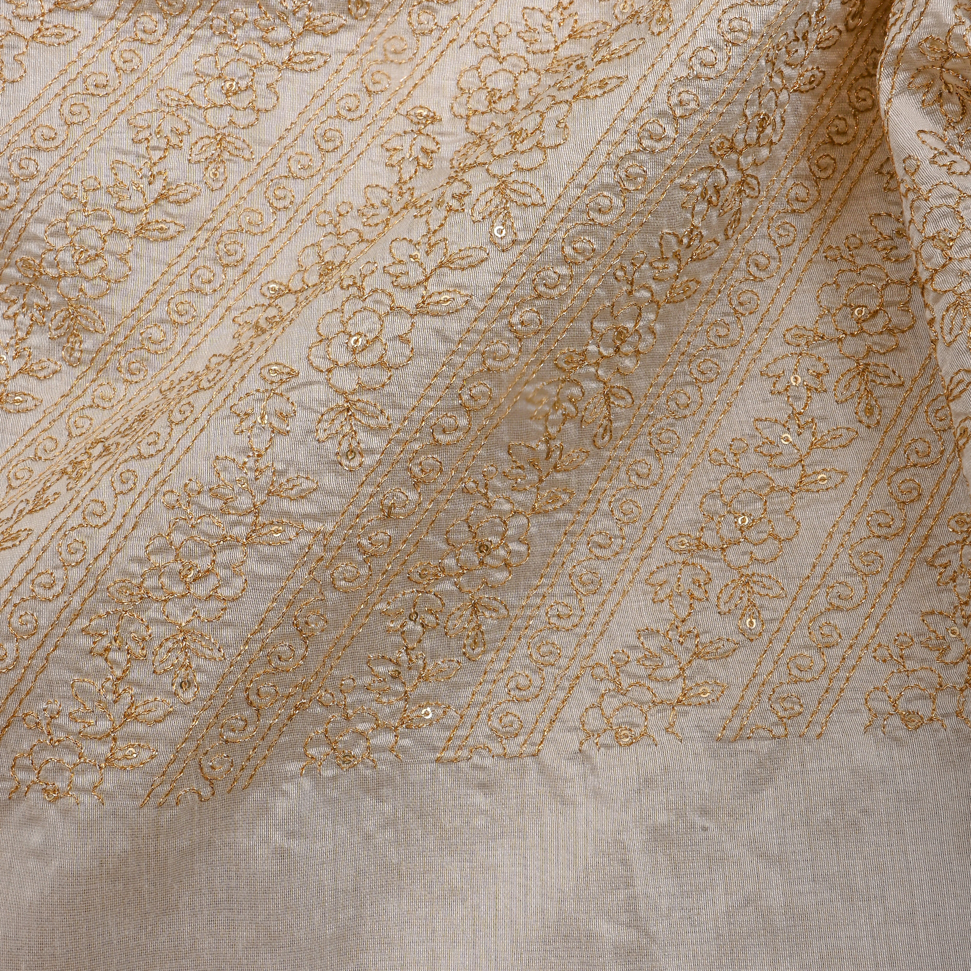 Cream Zari Striped Embroidered Chanderi
