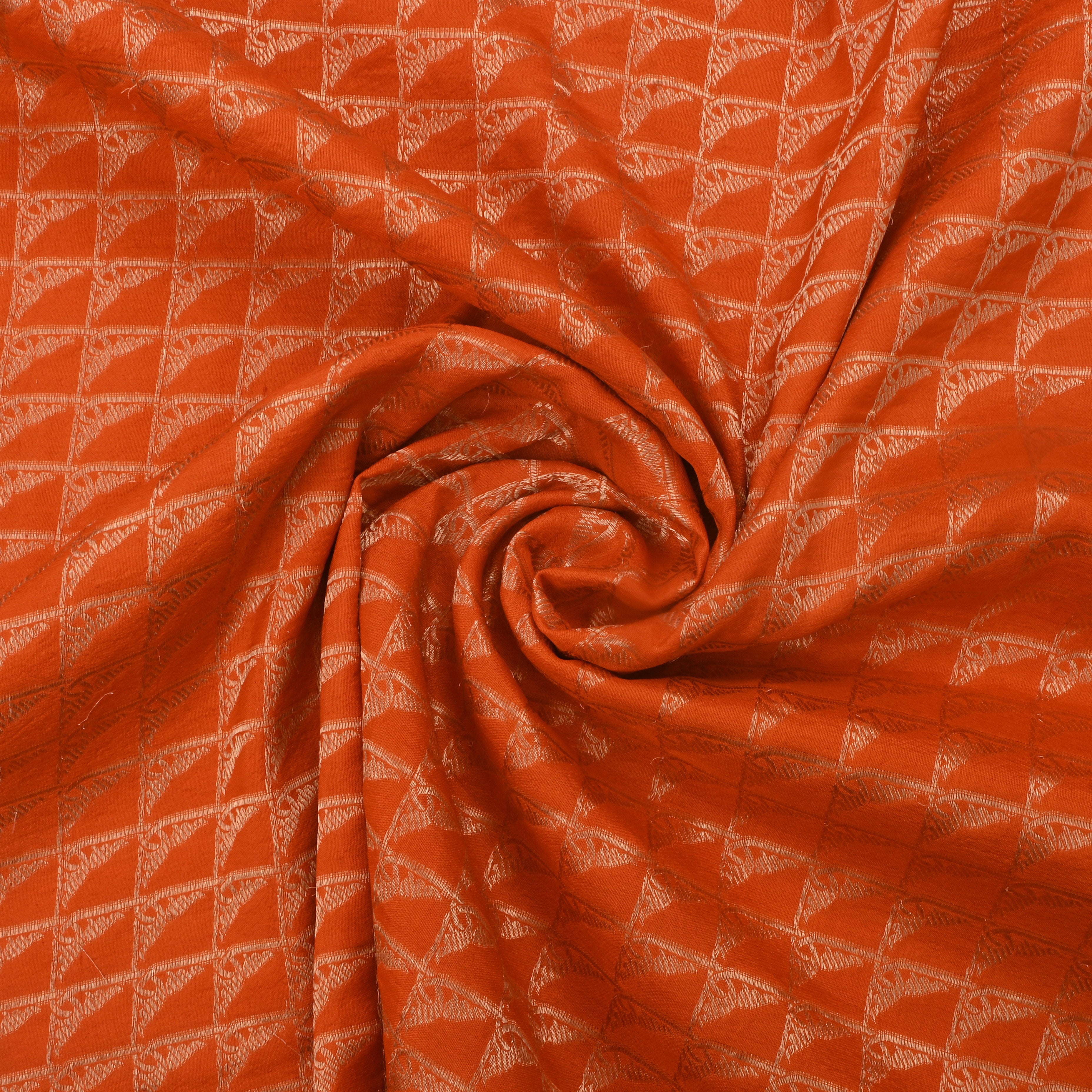 Vibrant Orange Jamawar Silk Fabric With Checks Pattern