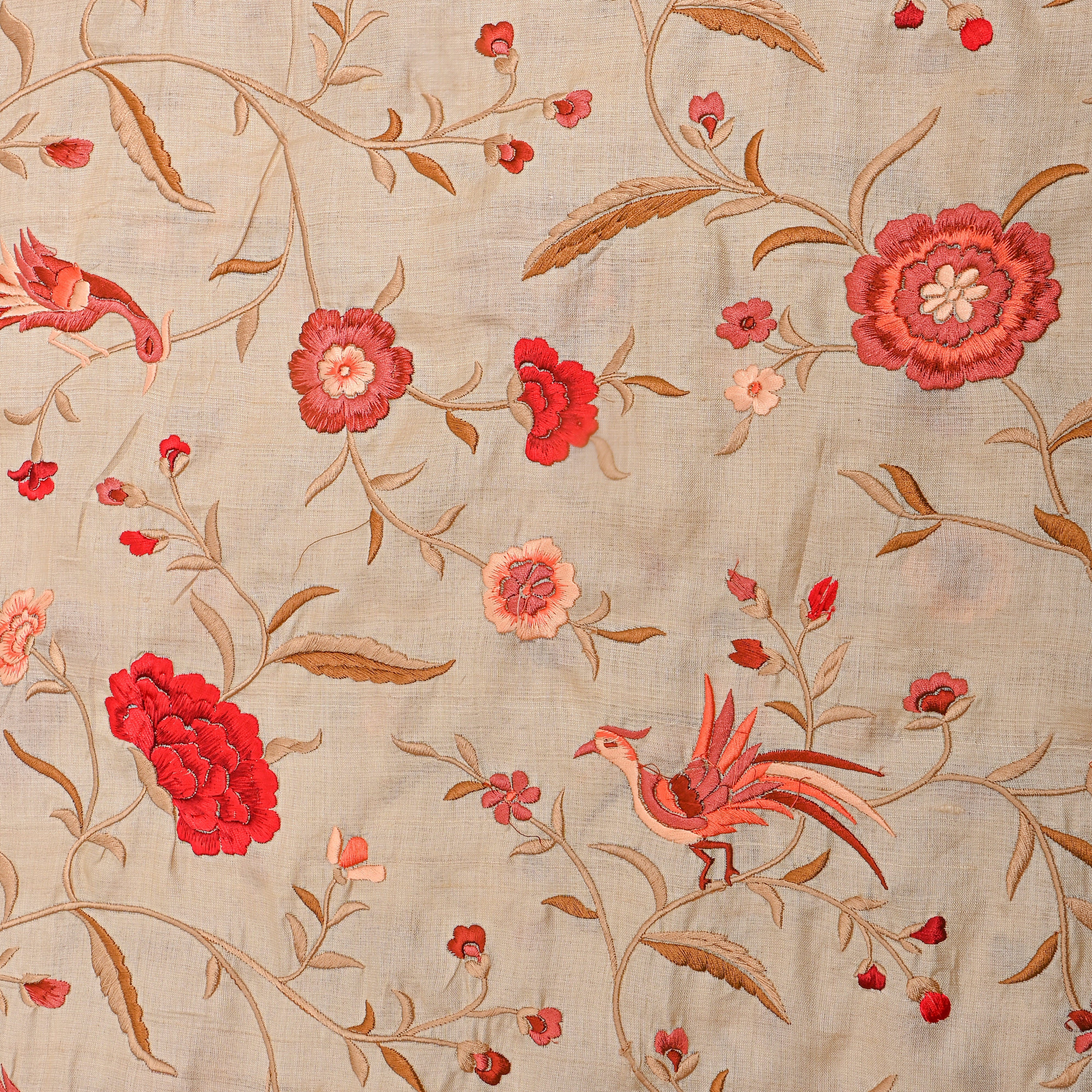 Beige Tussar With Bird Motif Thread Work