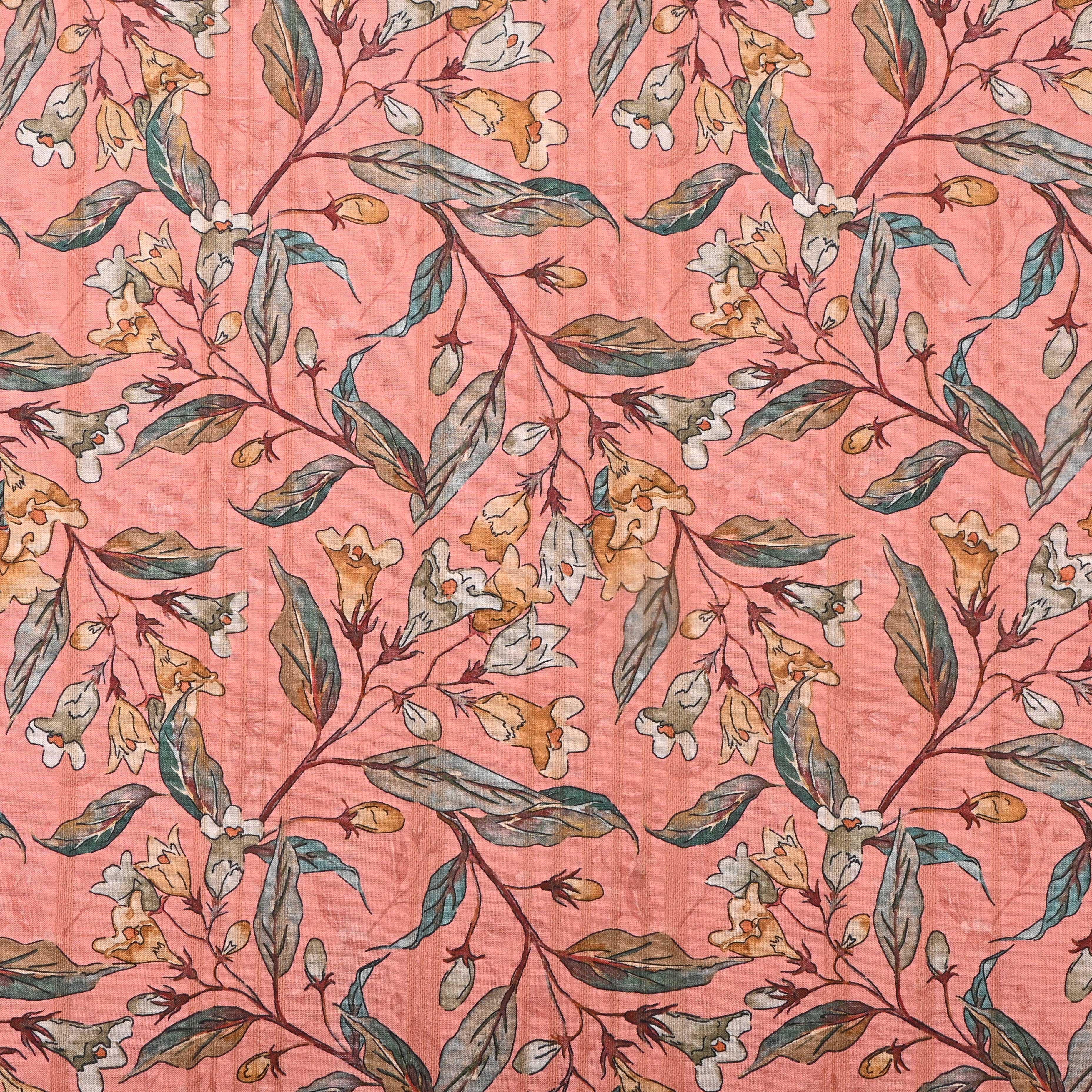 Peach Pink Tussar Fabric With Floral Prints