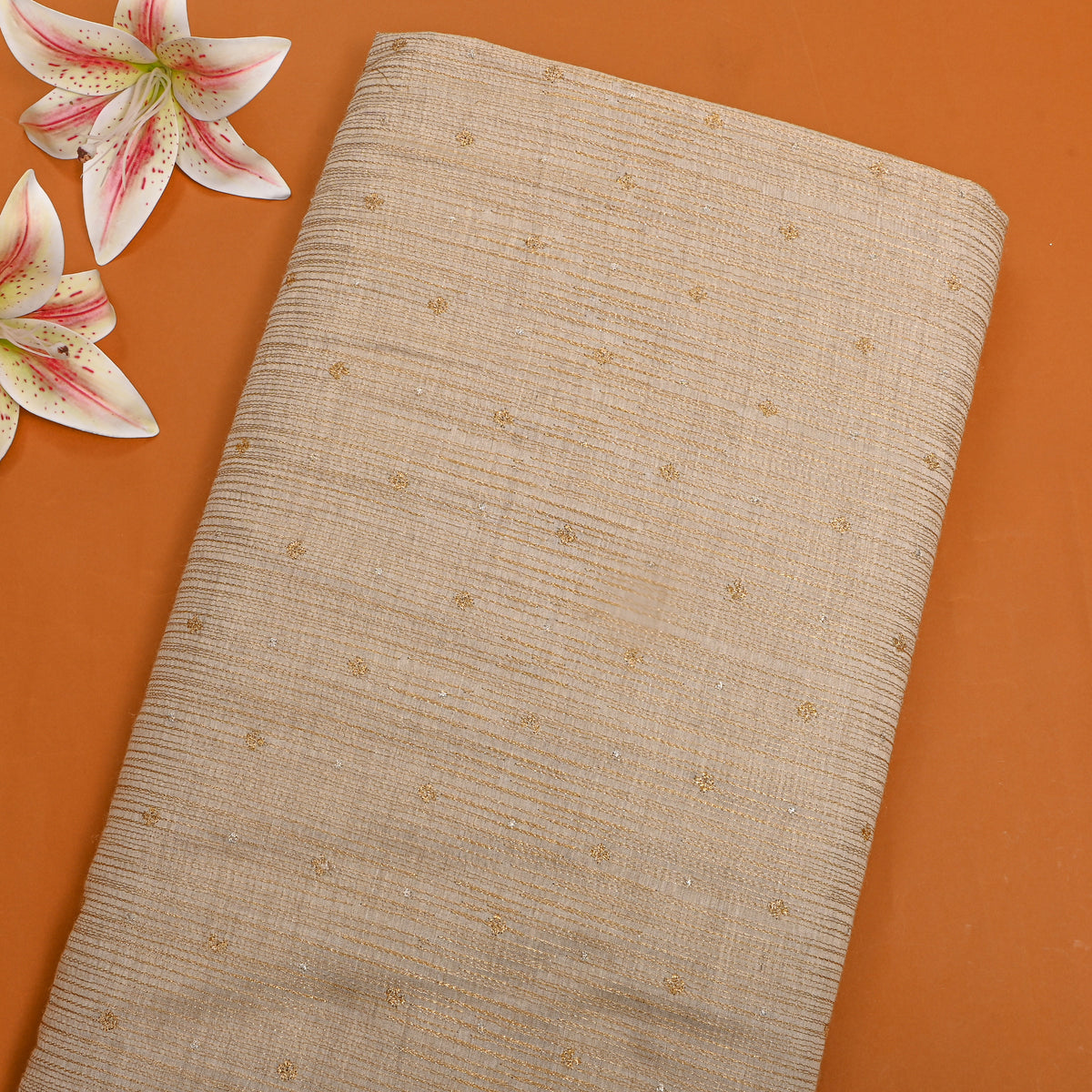 Honey Gold Zari Butti Embroidery Tussar Silk Fabric