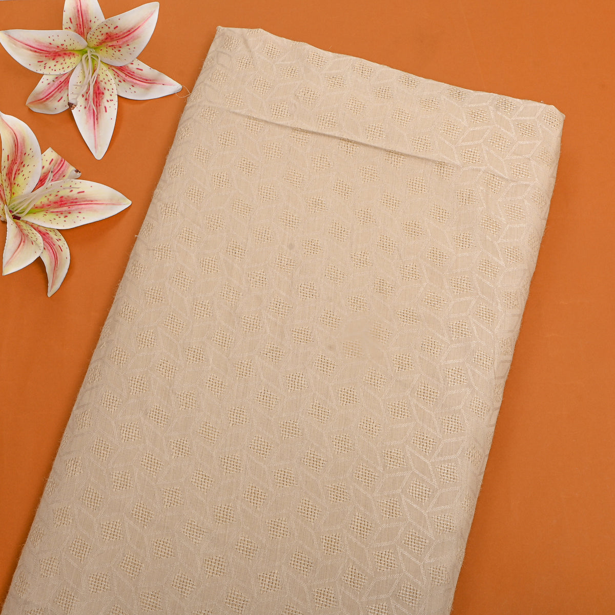 Beige Gold Zari Floral Jamawar Silk Fabric