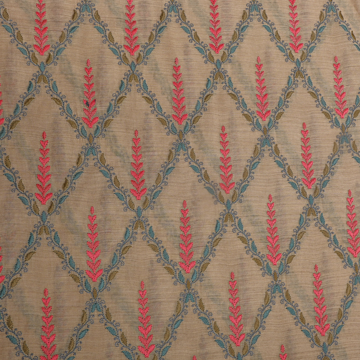 Soft Beige And Multicolor Embroidery Tussar Silk Fabric