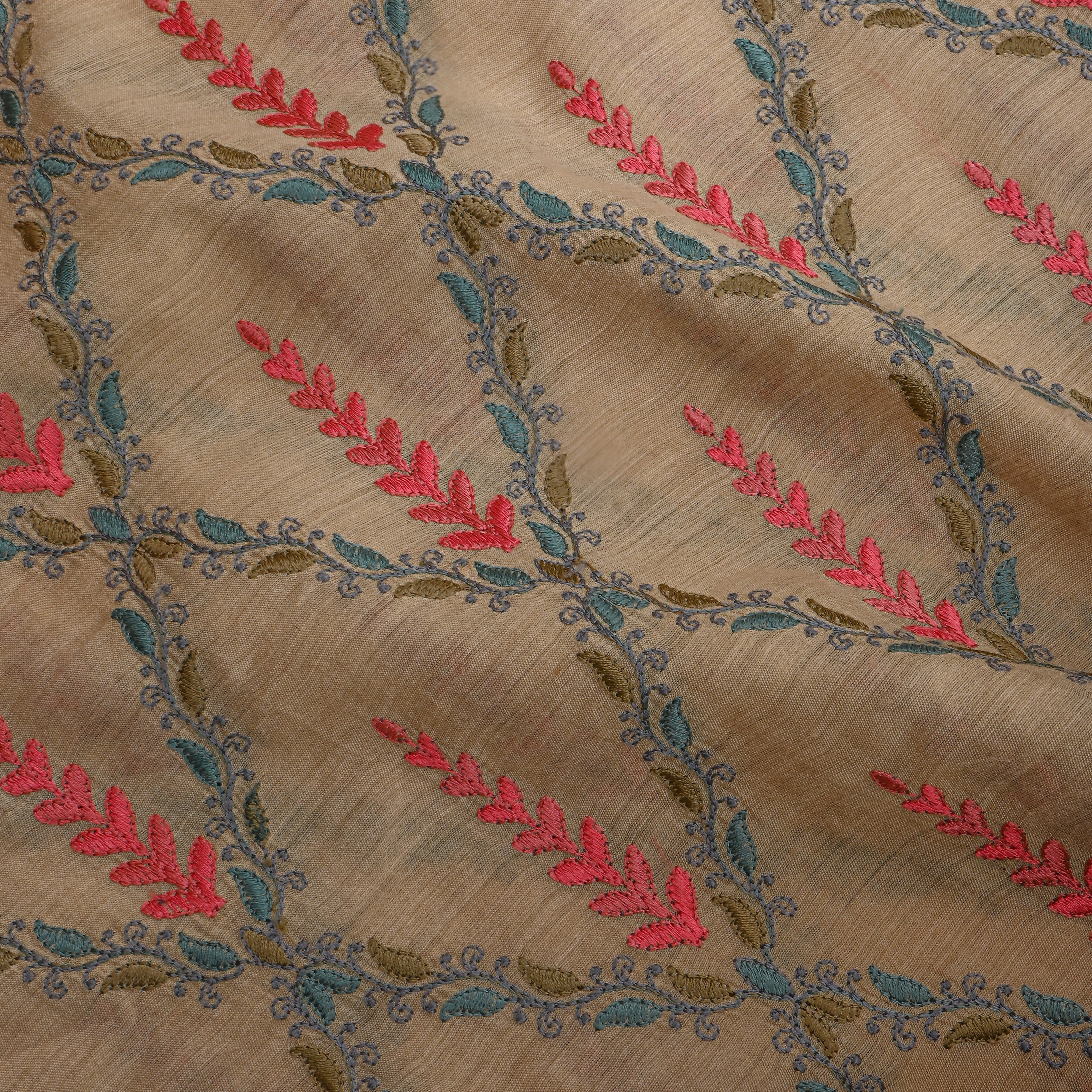 Soft Beige And Multicolor Embroidery Tussar Silk Fabric