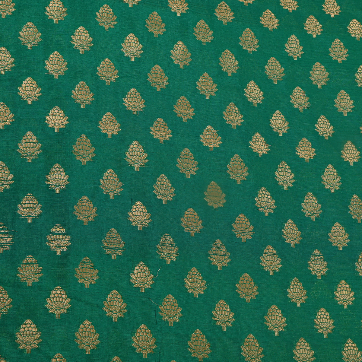 Teal Green Gold Pinecone Butti Self Weave Banarasi Silk Fabric