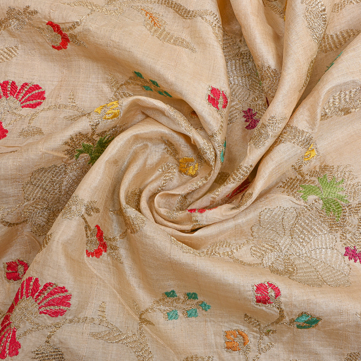 Beige Multicolour Floral Butti Zari Embroidery Tussar Silk Fabric