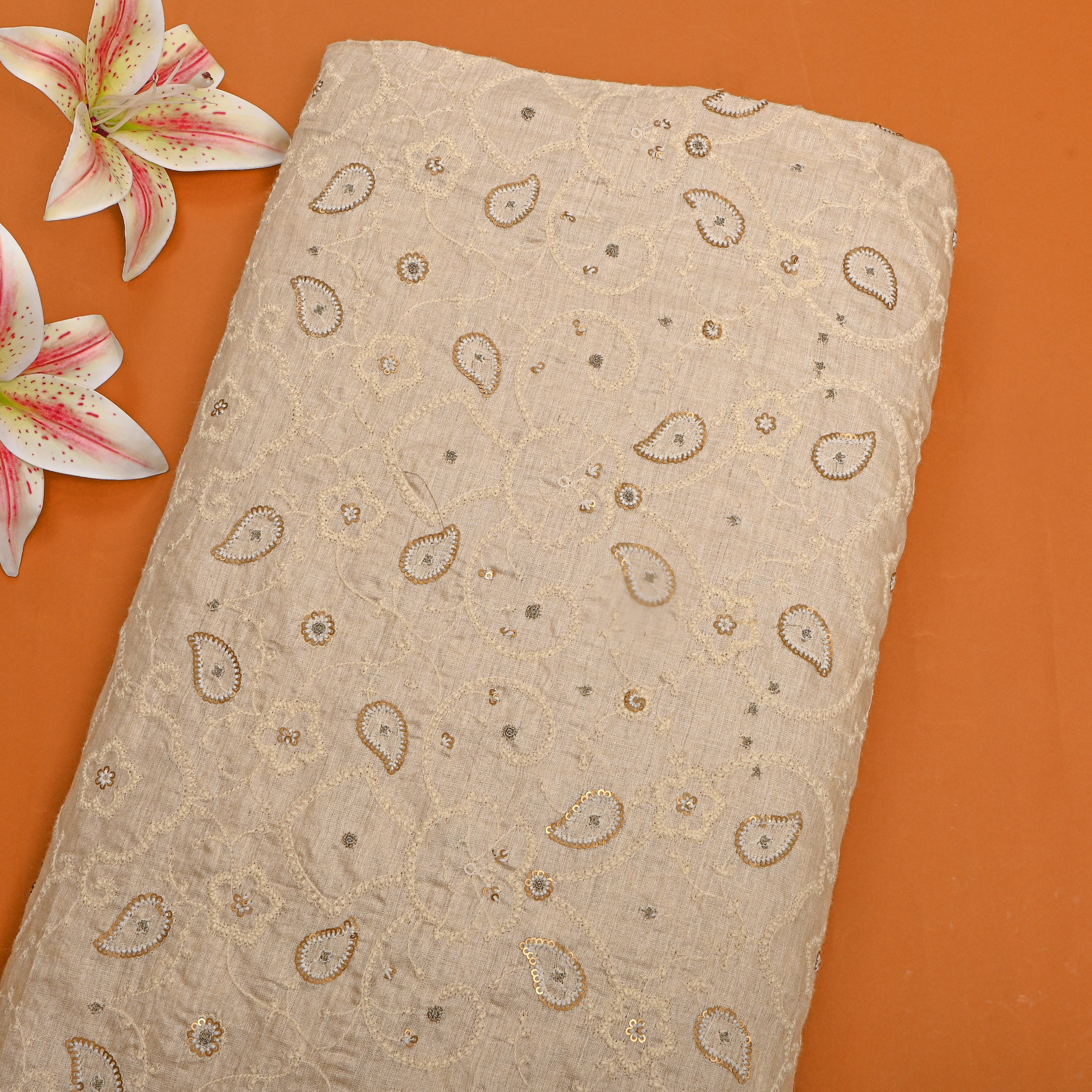 White Floral Embroidered Organza Fabric