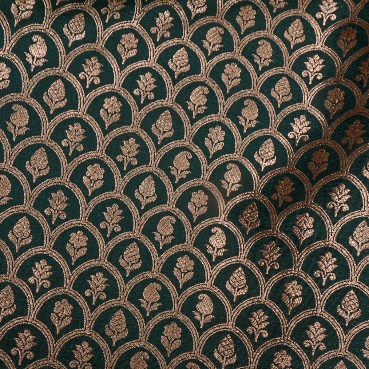 Emerald Green Gold Zari Butti Weave Jamawar Silk Fabric