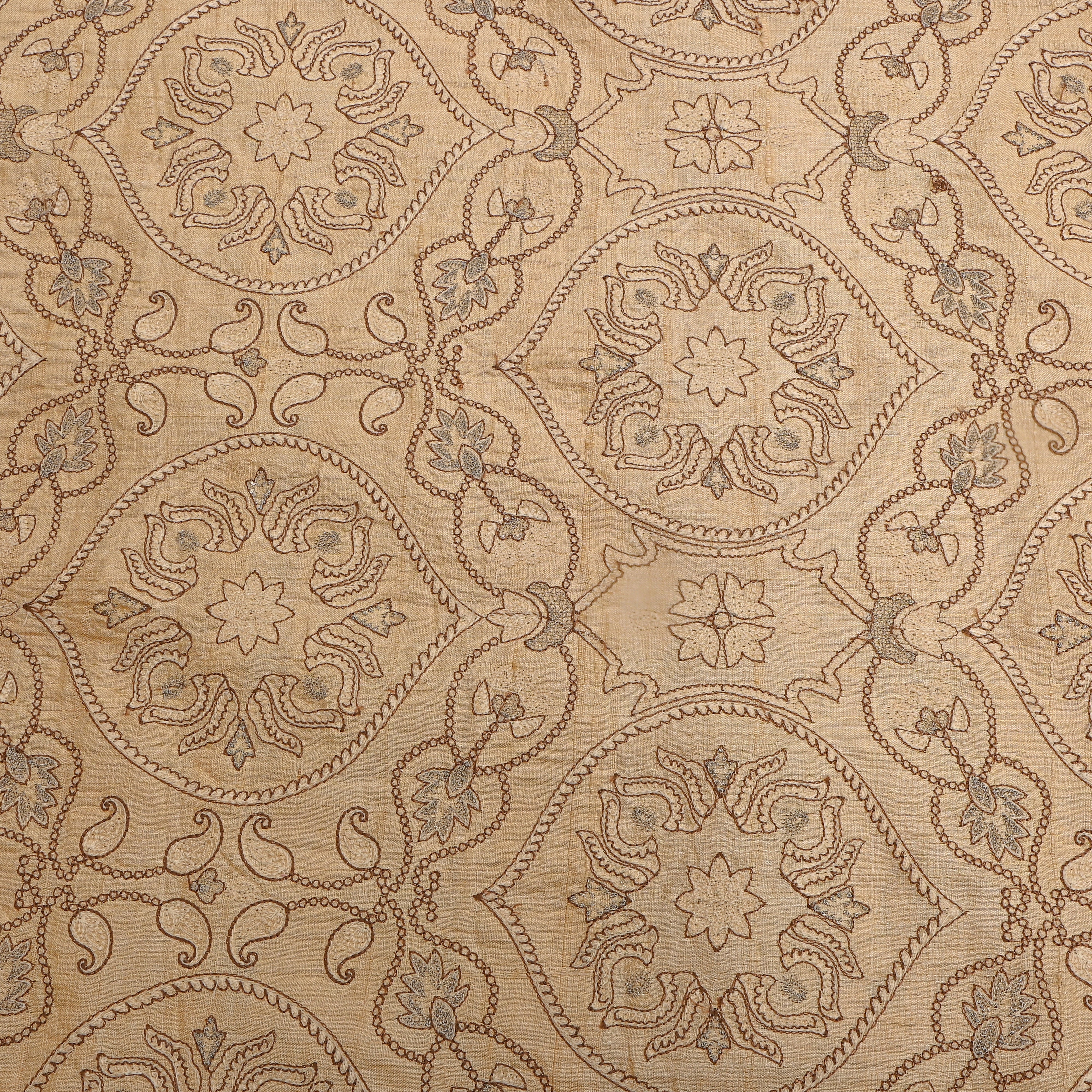 Sand Beige Geometric Pattern Embroidery Tussar Silk Fabric