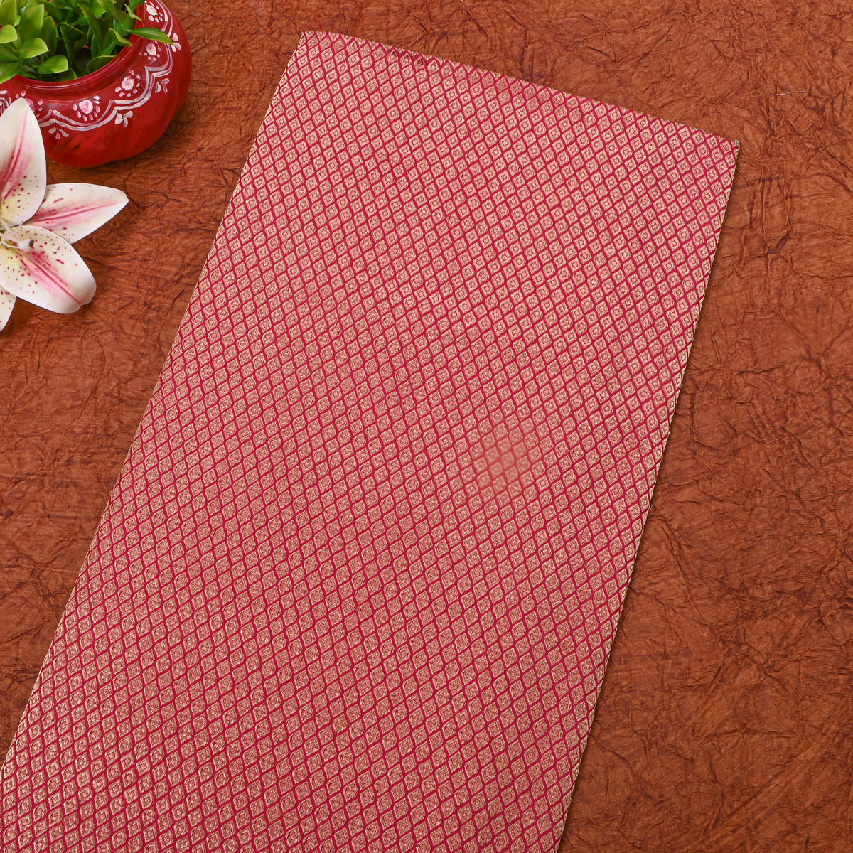 Deep Red Gold Zari Butti Motif Jamawar Silk Fabric