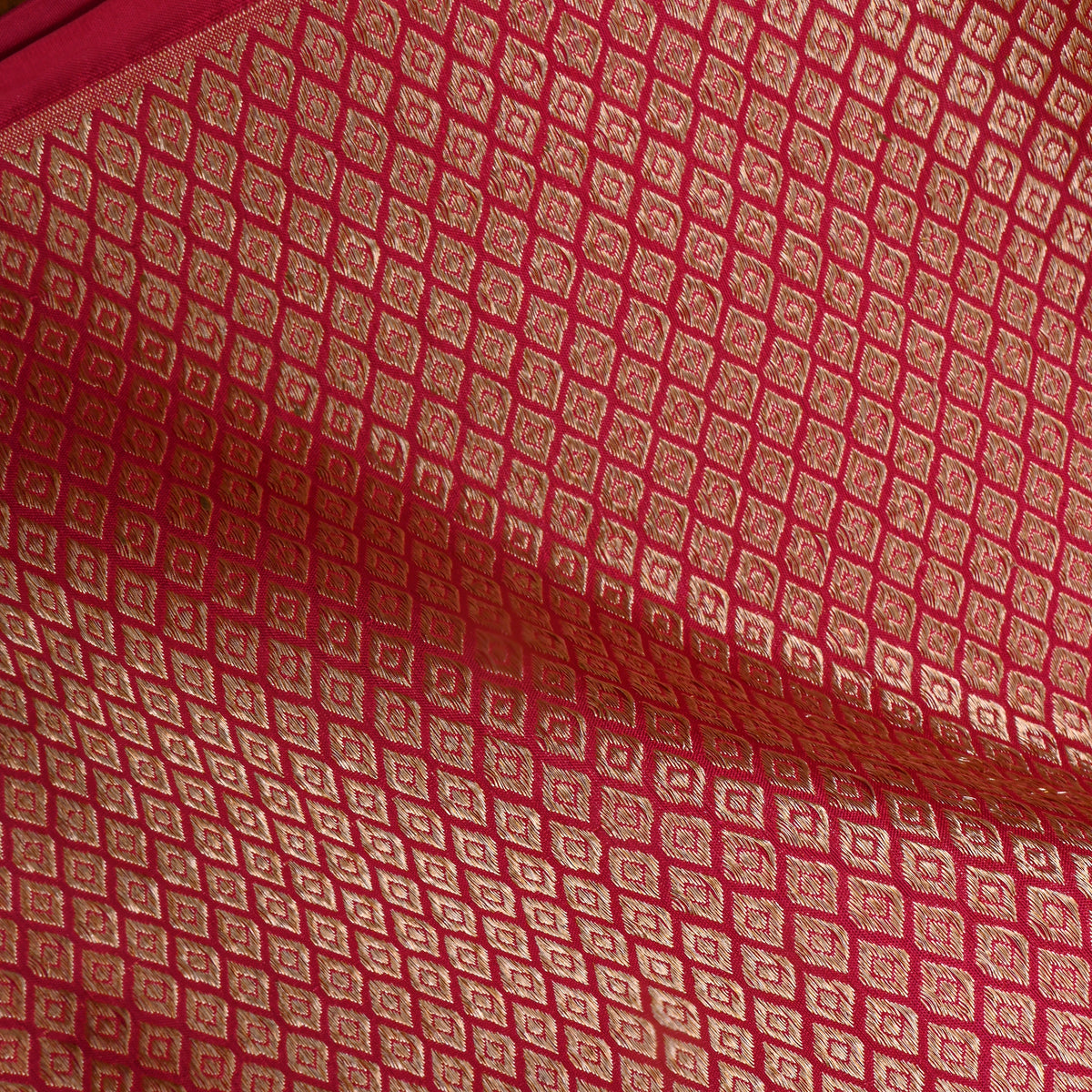 Deep Red Gold Zari Butti Motif Jamawar Silk Fabric