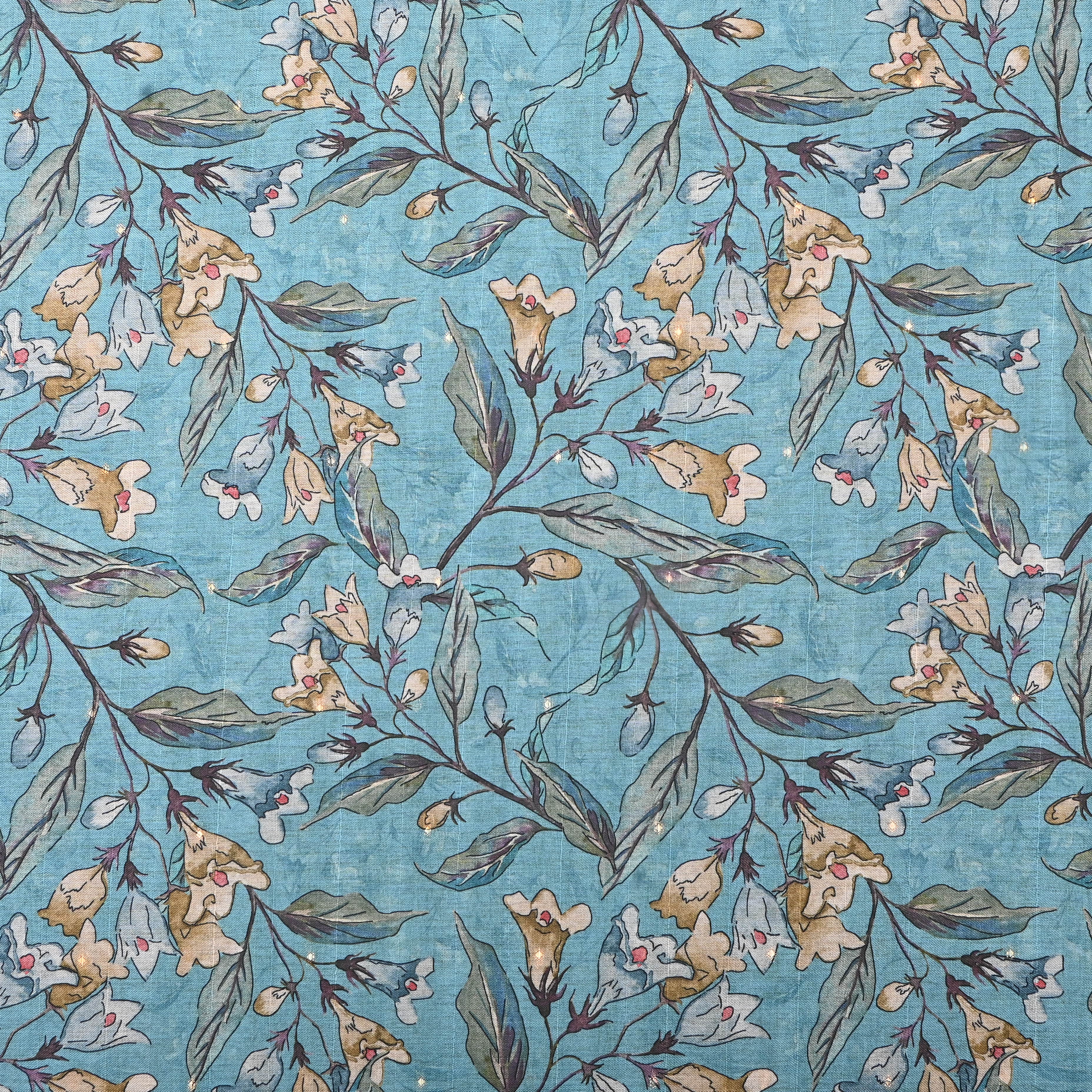 Sky Blue Tussar Fabric With Digital Prints