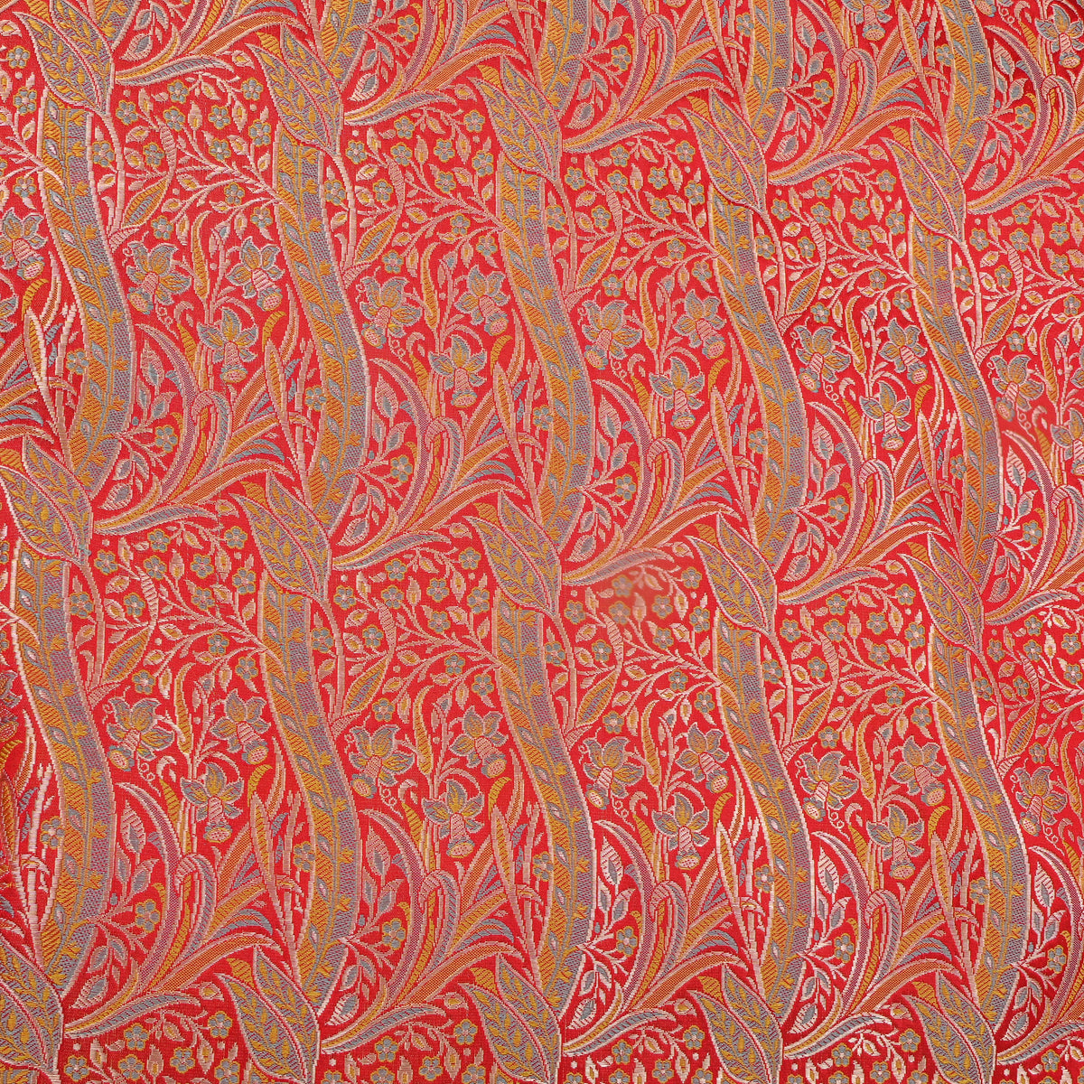 Marigold Orange Gold Zari Floral Vine Jamawar Silk Fabric