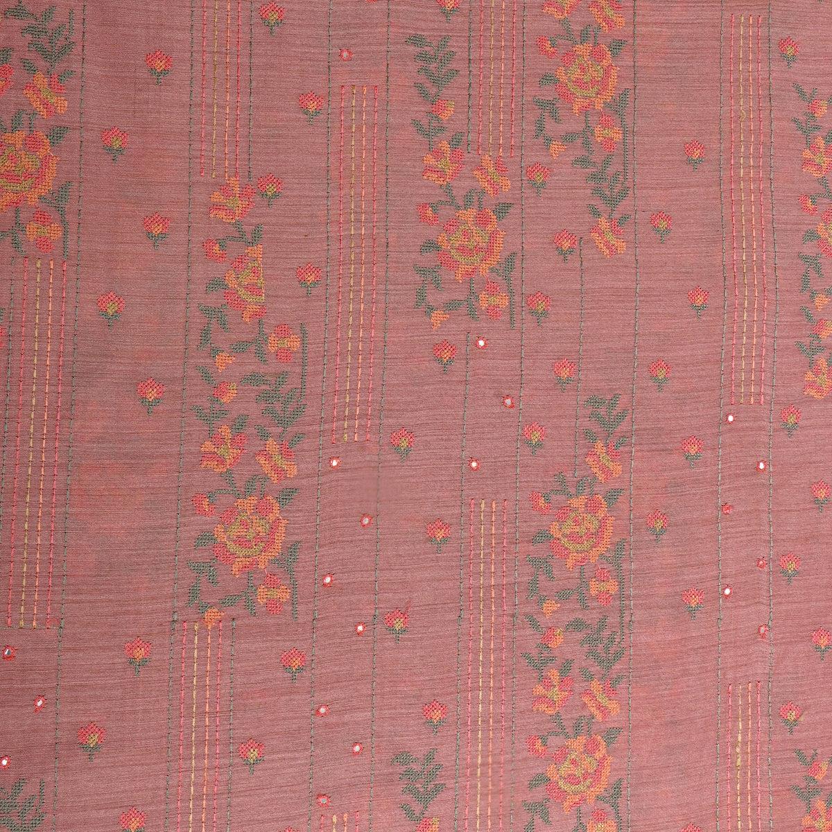 Pink Floral Thread Work Munga Tussar